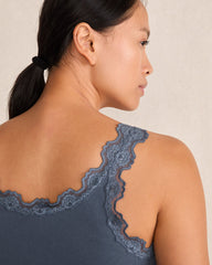 INDIGO|IVORY|OYSTER SHELL HTHR|WAVE ORGANIC COTTON RIB KNIT LACE TANK | Talbots on sale