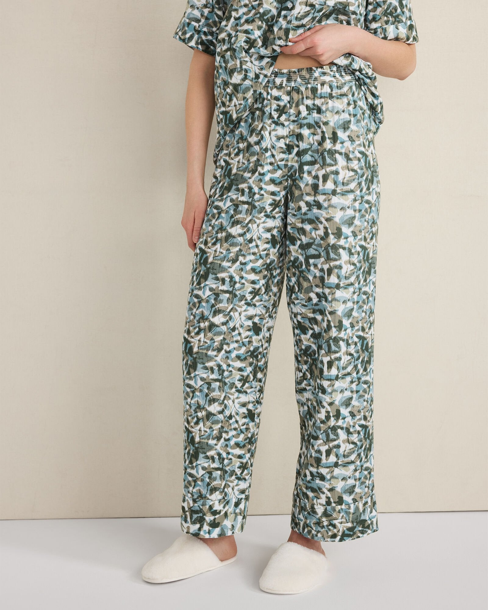 OVERLAPPING FLORAL ORGANIC COTTON GAUZE FLORAL PAJAMA PANTS | Talbots online