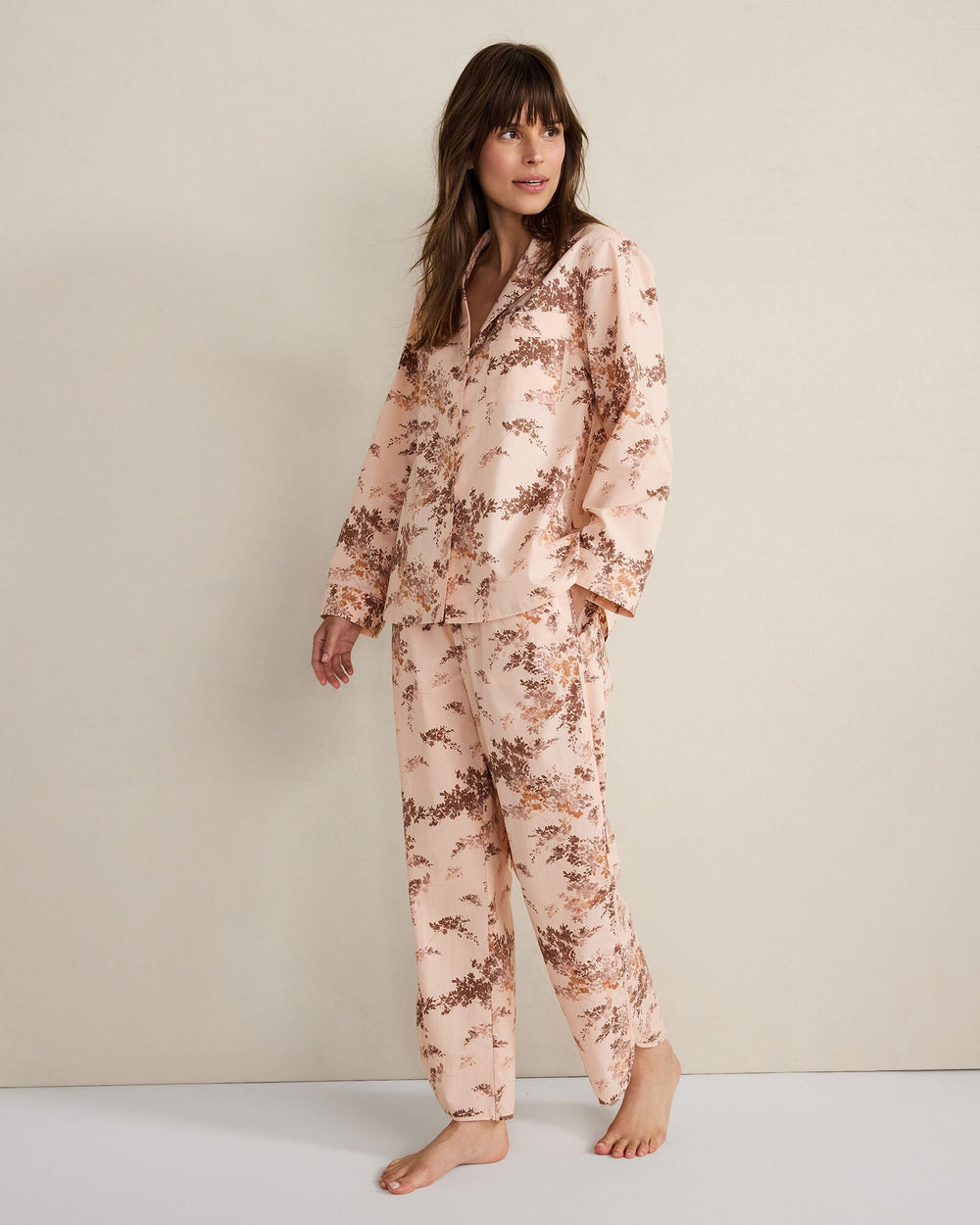 CHAMPAGNE ROSE FLORAL ORGANIC COTTON POPLIN PAINTED ROSE CURVED HEM PAJAMA PANTS | Talbots sale