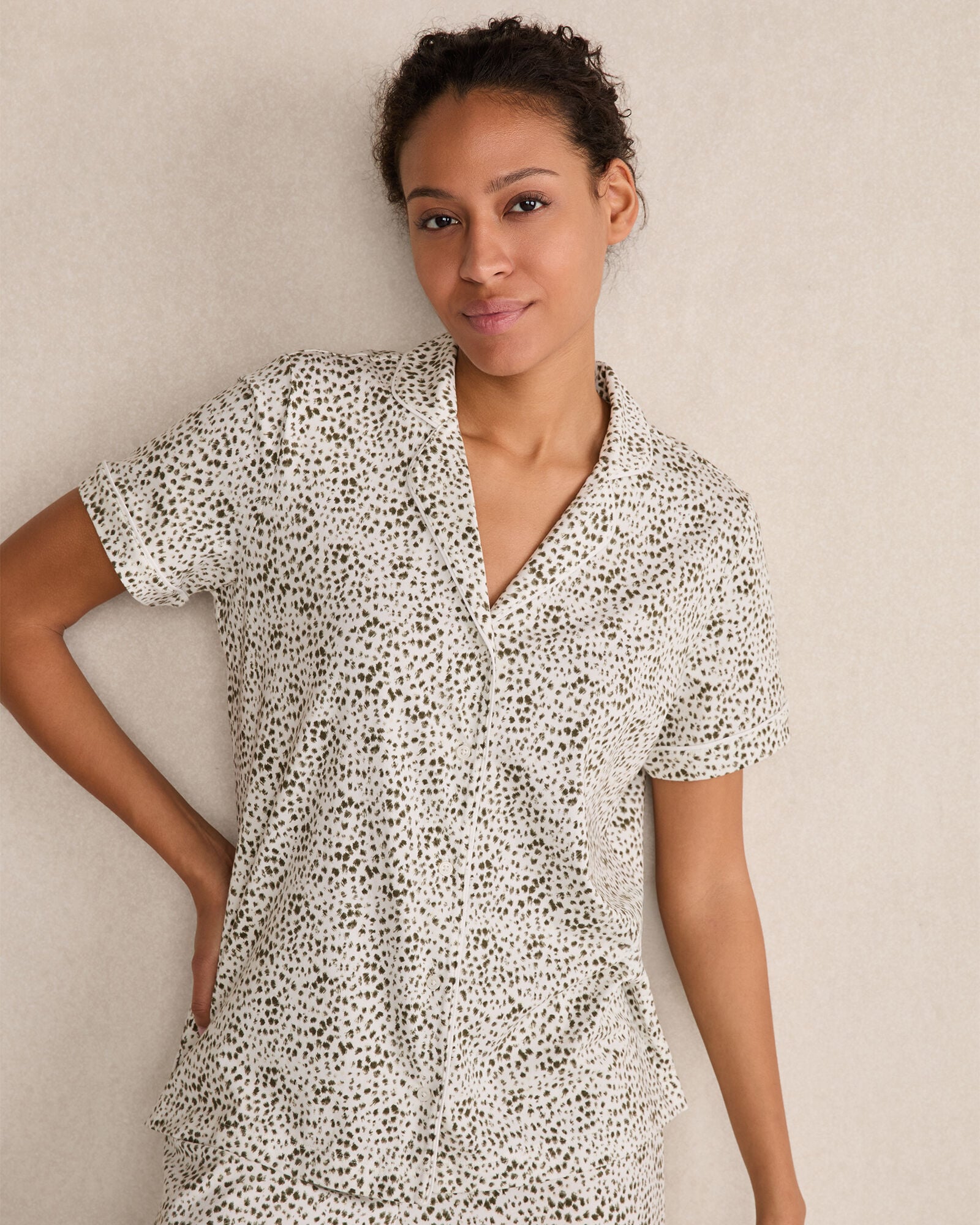 IVORY/OLIVE ANIMAL DOT ORGANIC COTTON JERSEY ANIMAL DOT PAJAMA TOP | Talbots for sale