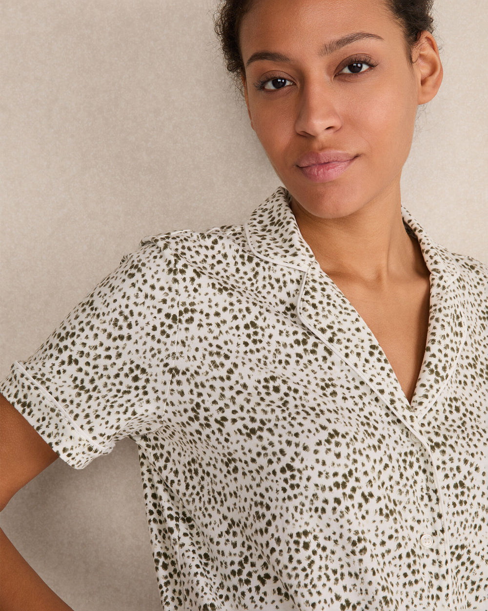 IVORY/OLIVE ANIMAL DOT ORGANIC COTTON JERSEY ANIMAL DOT PAJAMA TOP | Talbots for sale