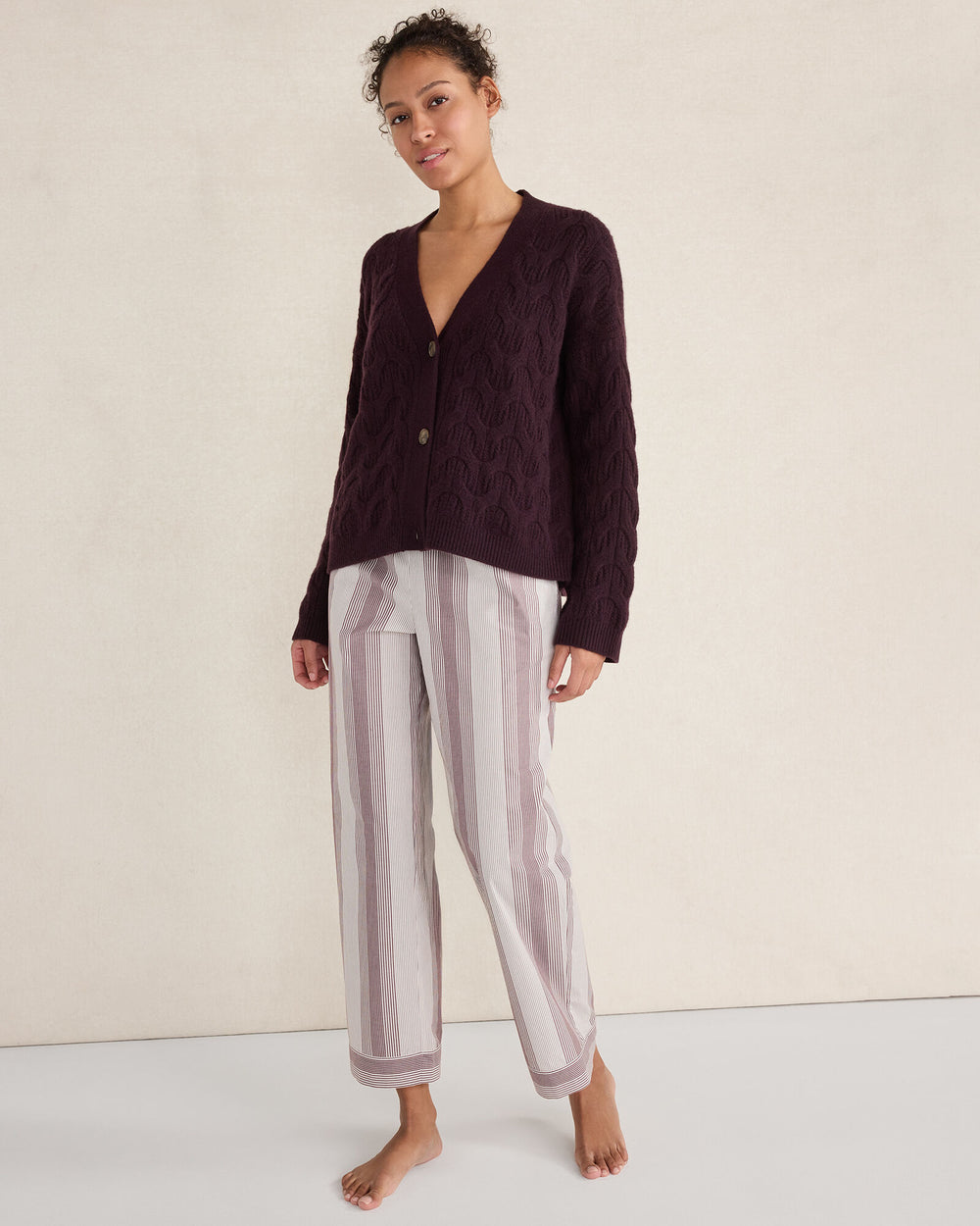 IVORY/BURGUNDY BERRY ORGANIC COTTON POPLIN FADED STRIPE PAJAMA PANTS | Talbots outlet
