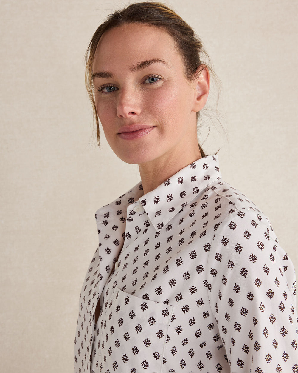 IVORY MULTI TILE FLORAL ORGANIC COTTON BLEND FLORAL TILE PAJAMA TOP | Talbots for sale