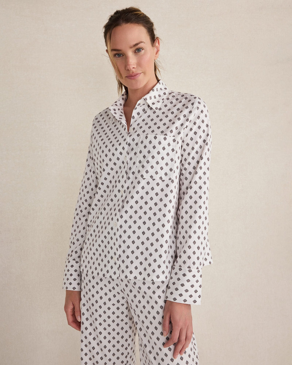 IVORY MULTI TILE FLORAL ORGANIC COTTON BLEND FLORAL TILE PAJAMA TOP | Talbots for sale
