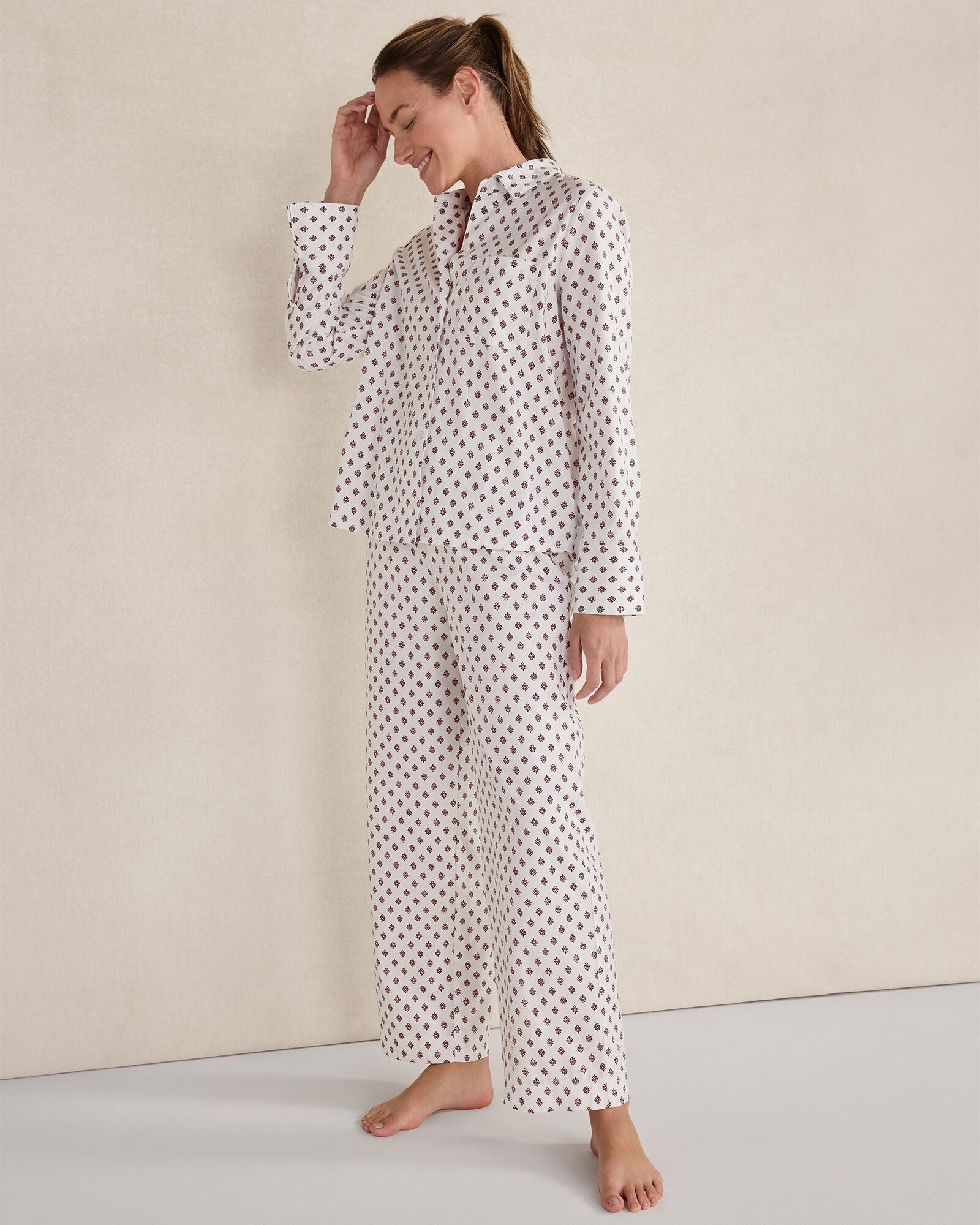 IVORY MULTI TILE FLORAL ORGANIC COTTON BLEND FLORAL TILE PAJAMA TOP | Talbots for sale