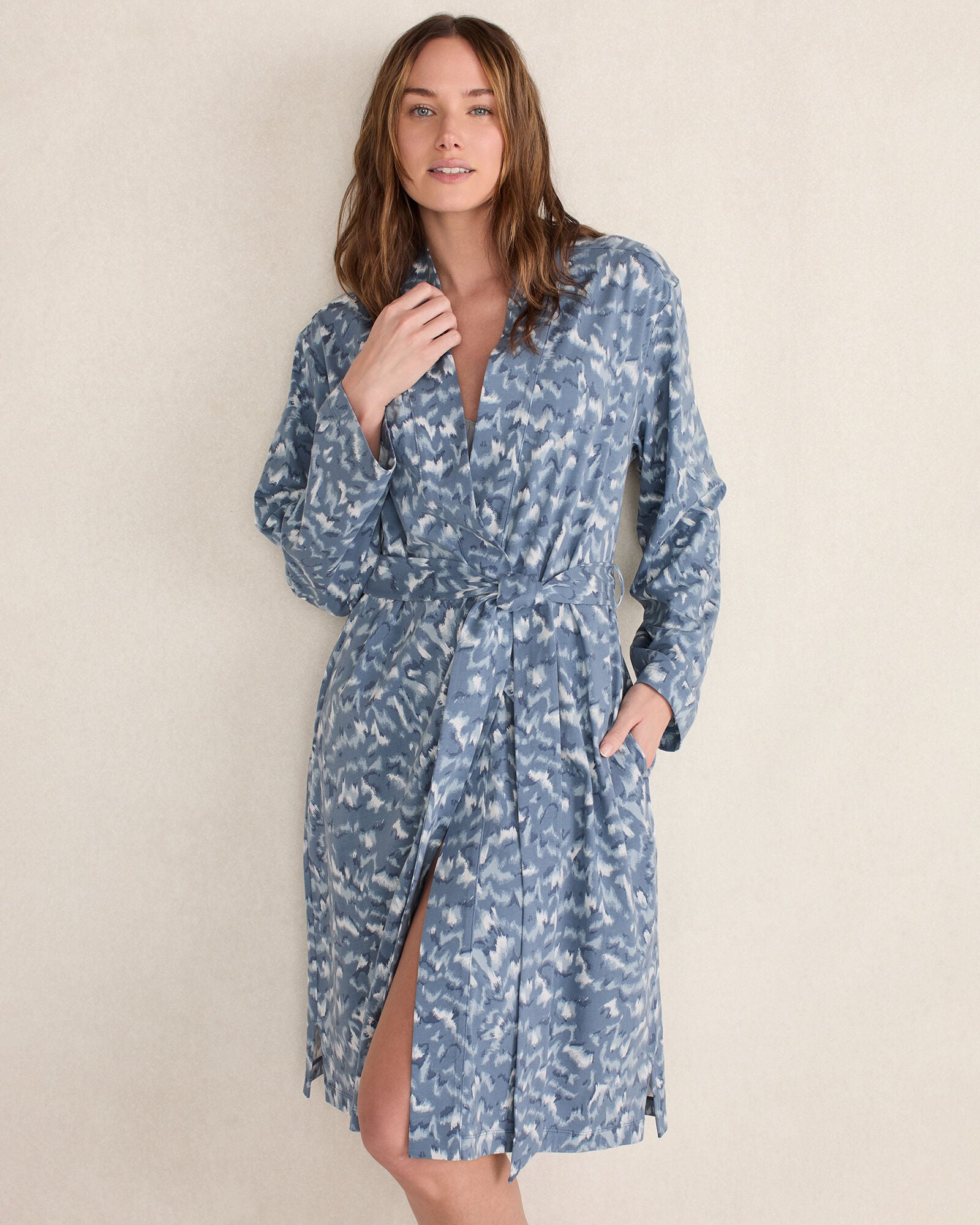 INDIGO FOURRURE PRINT ORGANIC COTTON JERSEY WAVE ROBE | Talbots sale
