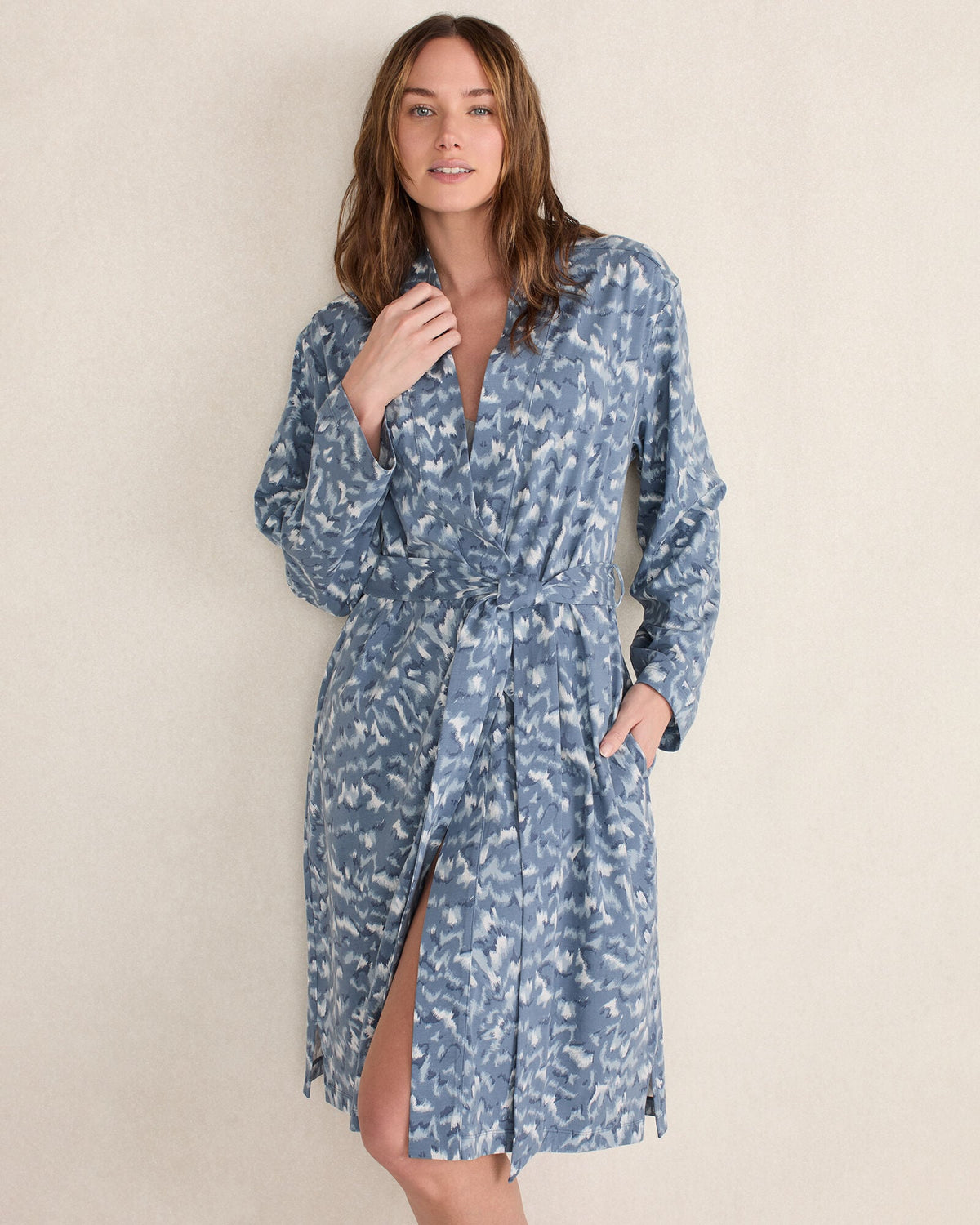 INDIGO FOURRURE PRINT ORGANIC COTTON JERSEY WAVE ROBE | Talbots sale