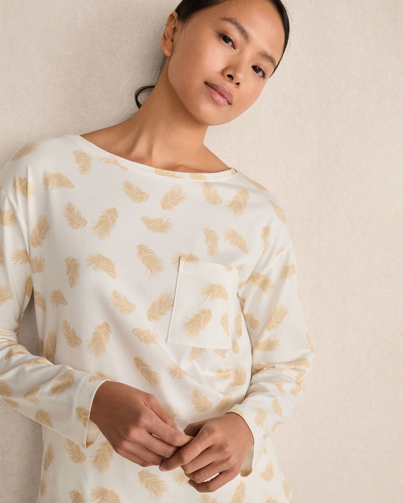 IVORY MULTI FEATHERS ORGANIC COTTON JERSEY FEATHER PRINT PAJAMA SHIRT | Talbots US