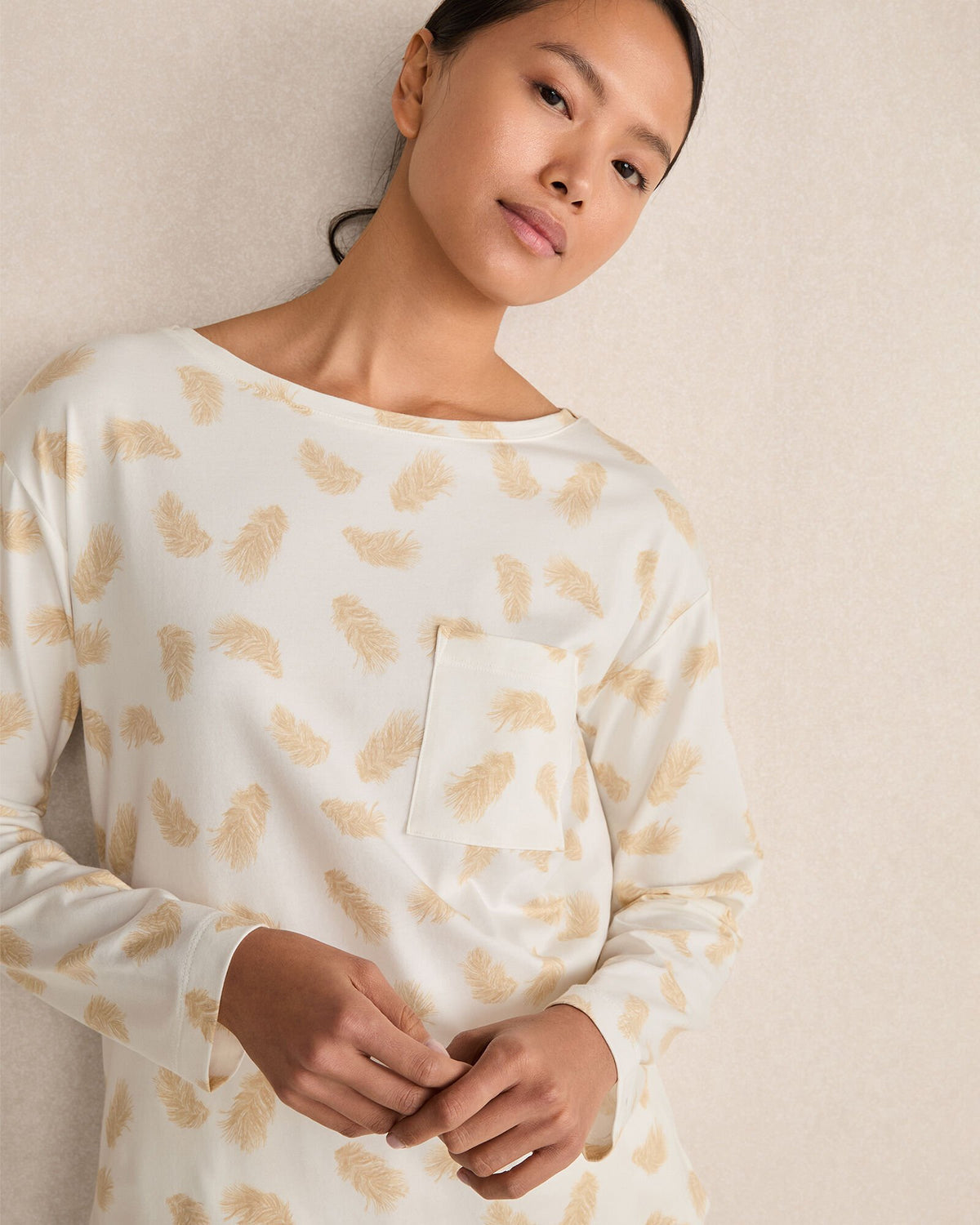 IVORY MULTI FEATHERS ORGANIC COTTON JERSEY FEATHER PRINT PAJAMA SHIRT | Talbots US
