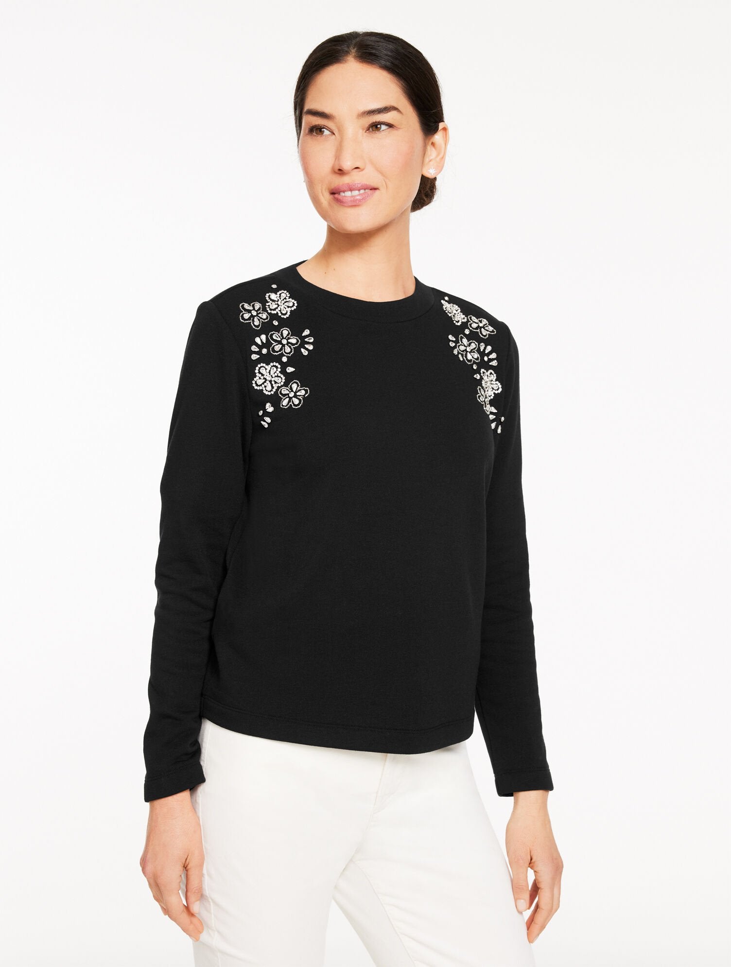 BLACK EMBELLISHED CREWNECK SWEATSHIRT | Talbots for sale