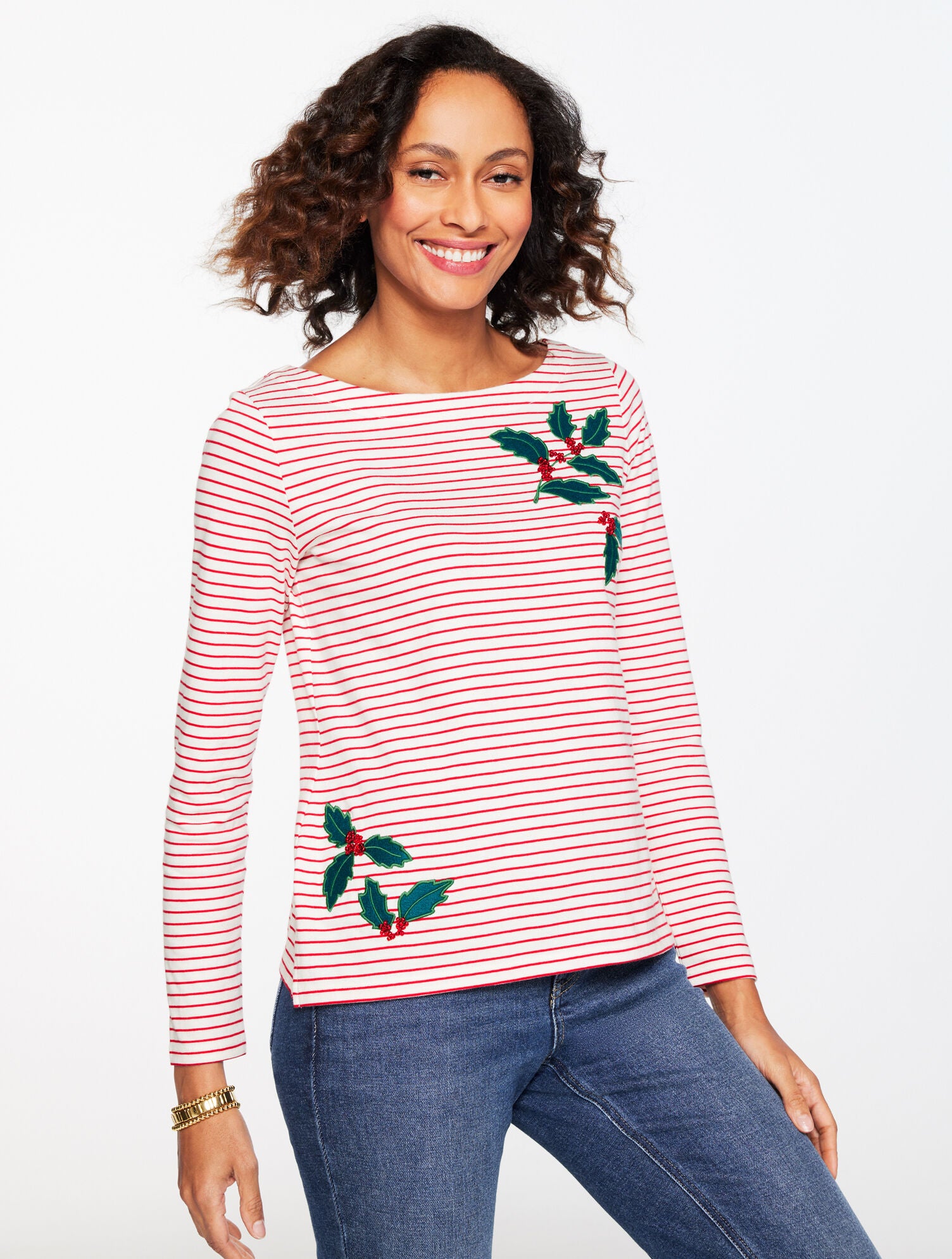IVORY/RED POP EMBROIDERED BATEAU NECK TEE - HOLLY BERRY STRIPE | Talbots outlet