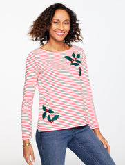 IVORY/RED POP EMBROIDERED BATEAU NECK TEE - HOLLY BERRY STRIPE | Talbots outlet