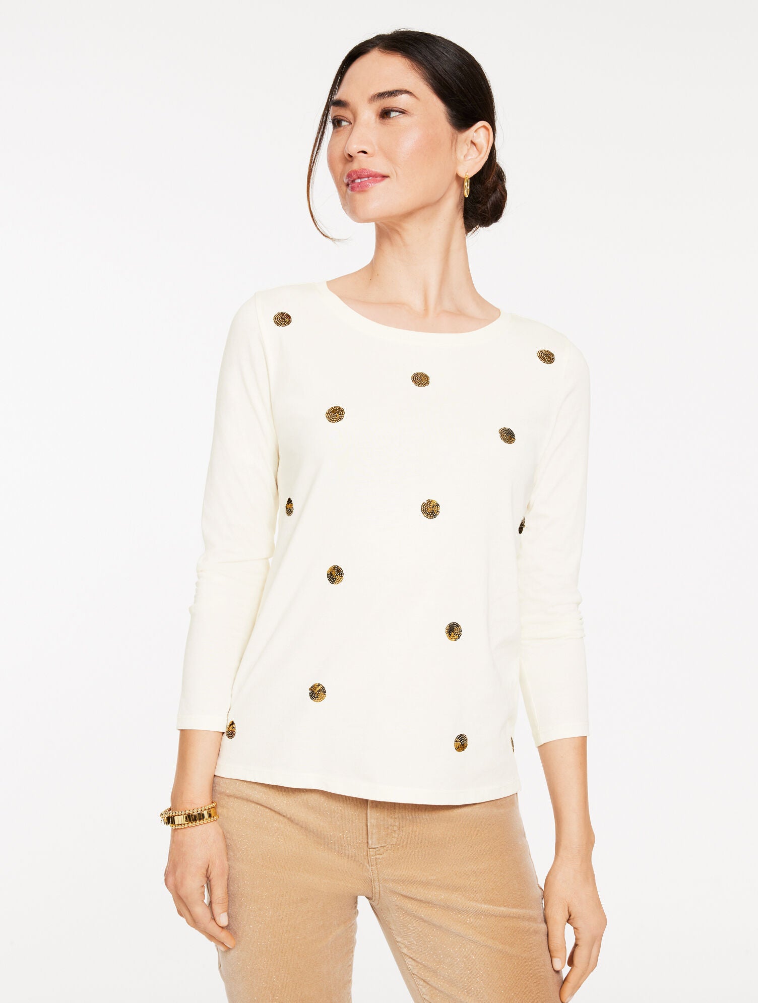 IVORY LONG SLEEVE CREWNECK TEE - SEQUIN DOT | Talbots for sale