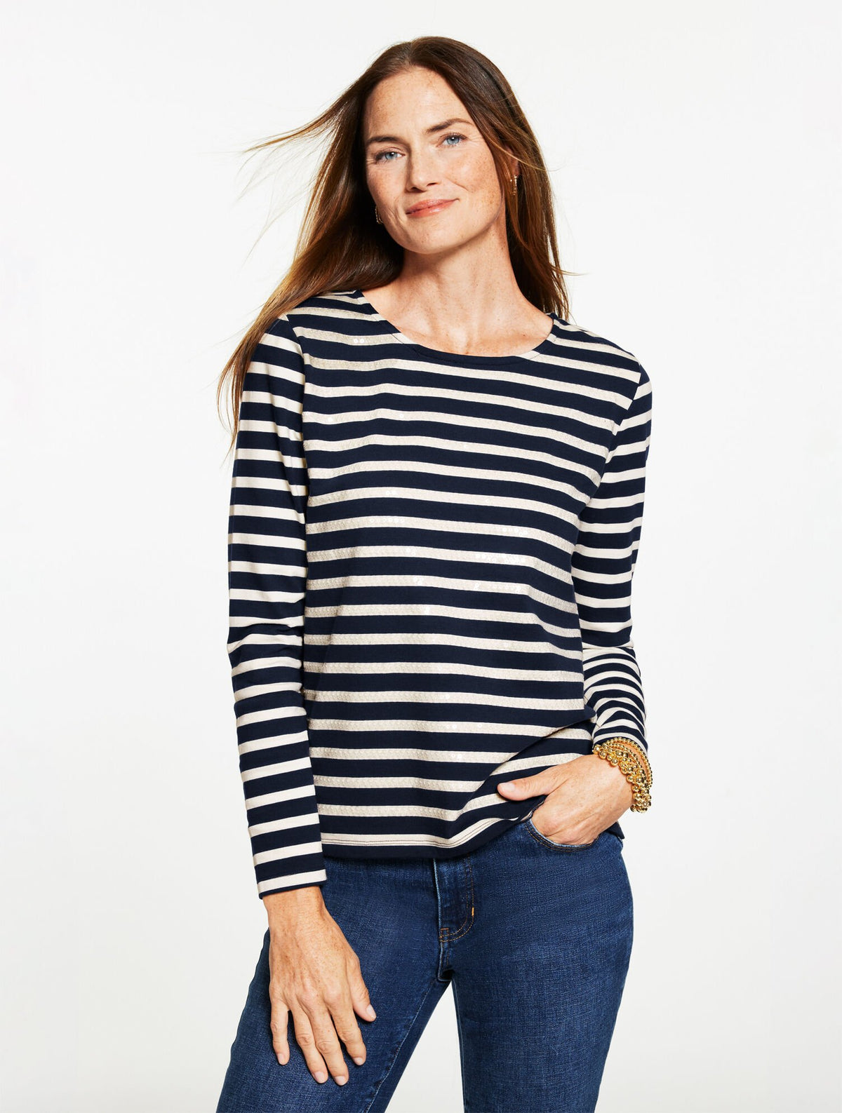 INDIGO/IVORY|IVORY/LUSH GREEN CREWNECK TEE - SEQUIN STRIPE | Talbots outlet