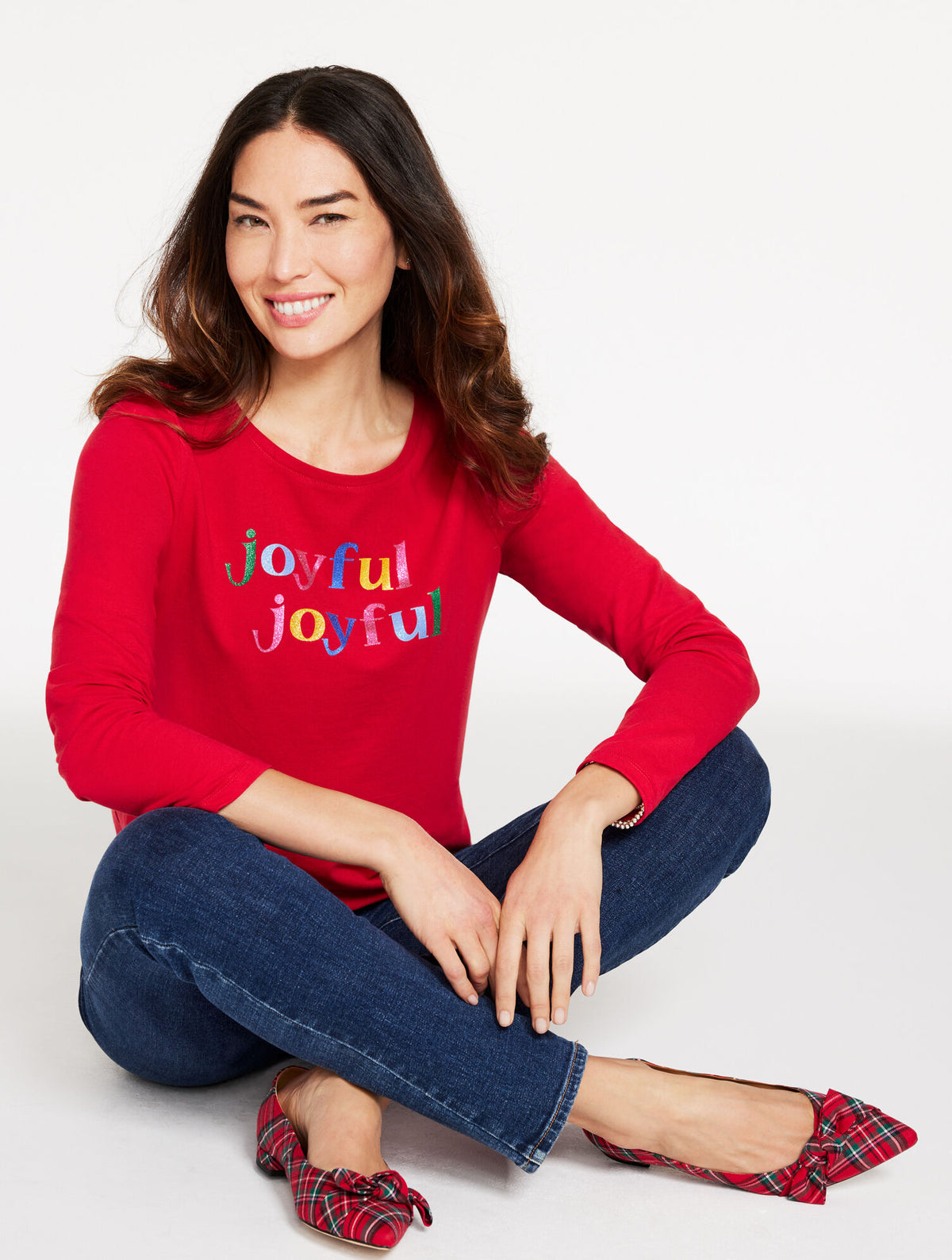 RED POP LONG SLEEVE CREWNECK TEE - JOYFUL | Talbots US