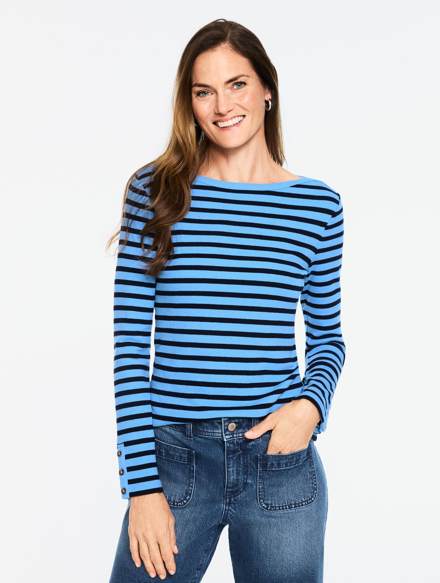IVORY/INDIGO|LILAC/IVORY|SHORE BLUE/INDIGO RIBBED BATEAU NECK TEE - AURORA STRIPE | Talbots on sale