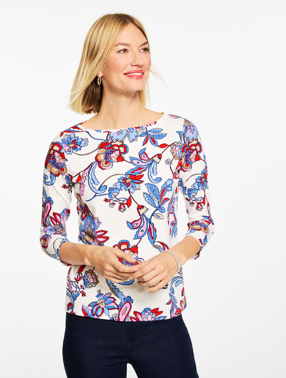 IVORY/VALIANT POPPY MULTI BATEAU NECK TEE - JACOBEAN FANTASIA | Talbots sale