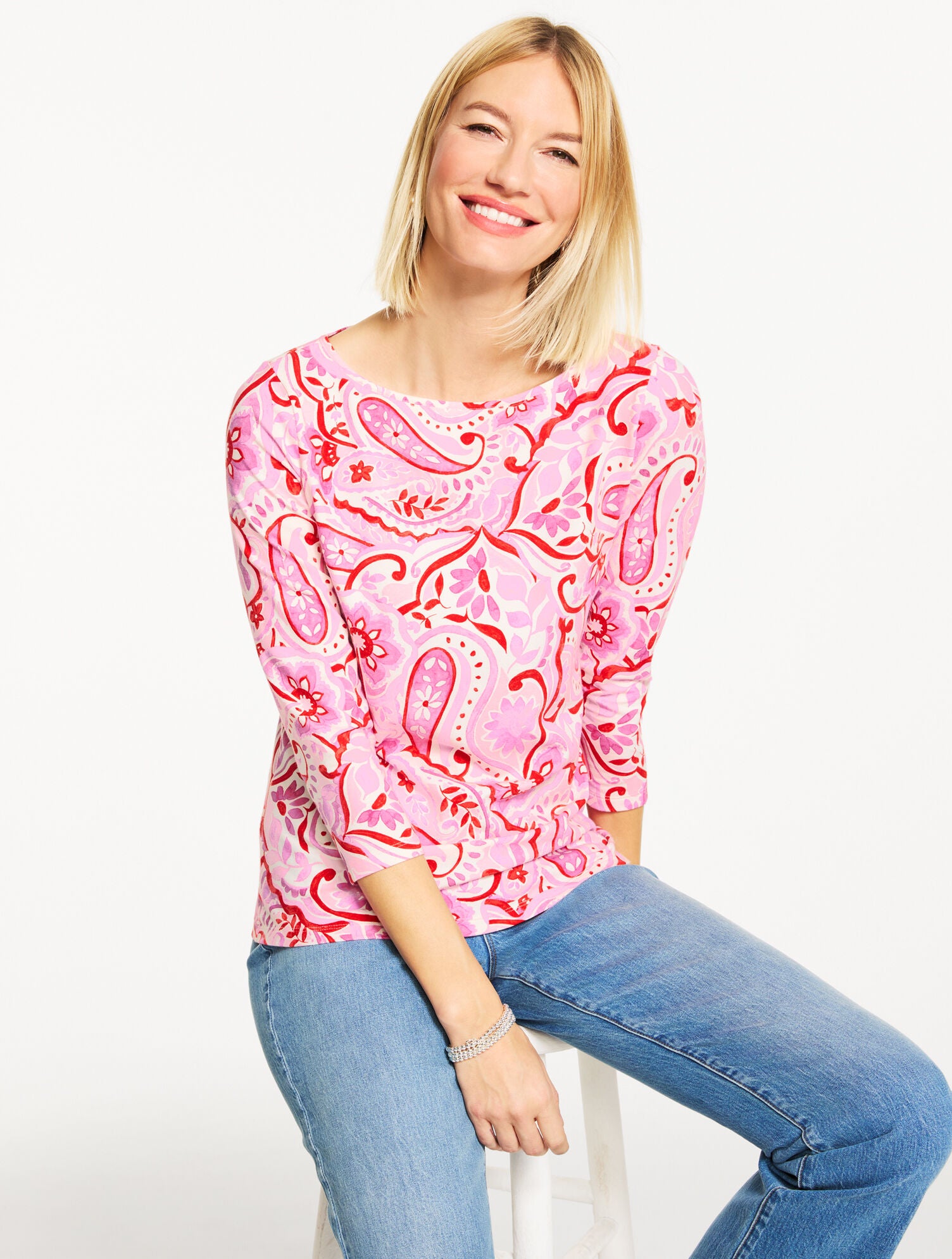 IVORY/LILAC CHIFFON BATEAU NECK TEE - PRANCING PAISLEY | Talbots US