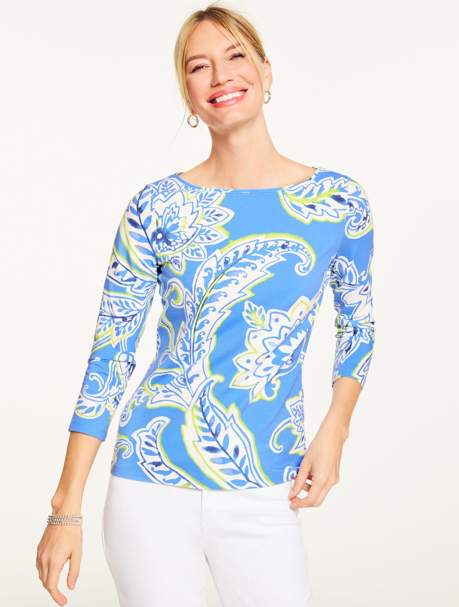 SHORE BLUE MULTI BATEAU NECK TEE - BLOSSOM PAISLEY | Talbots for sale