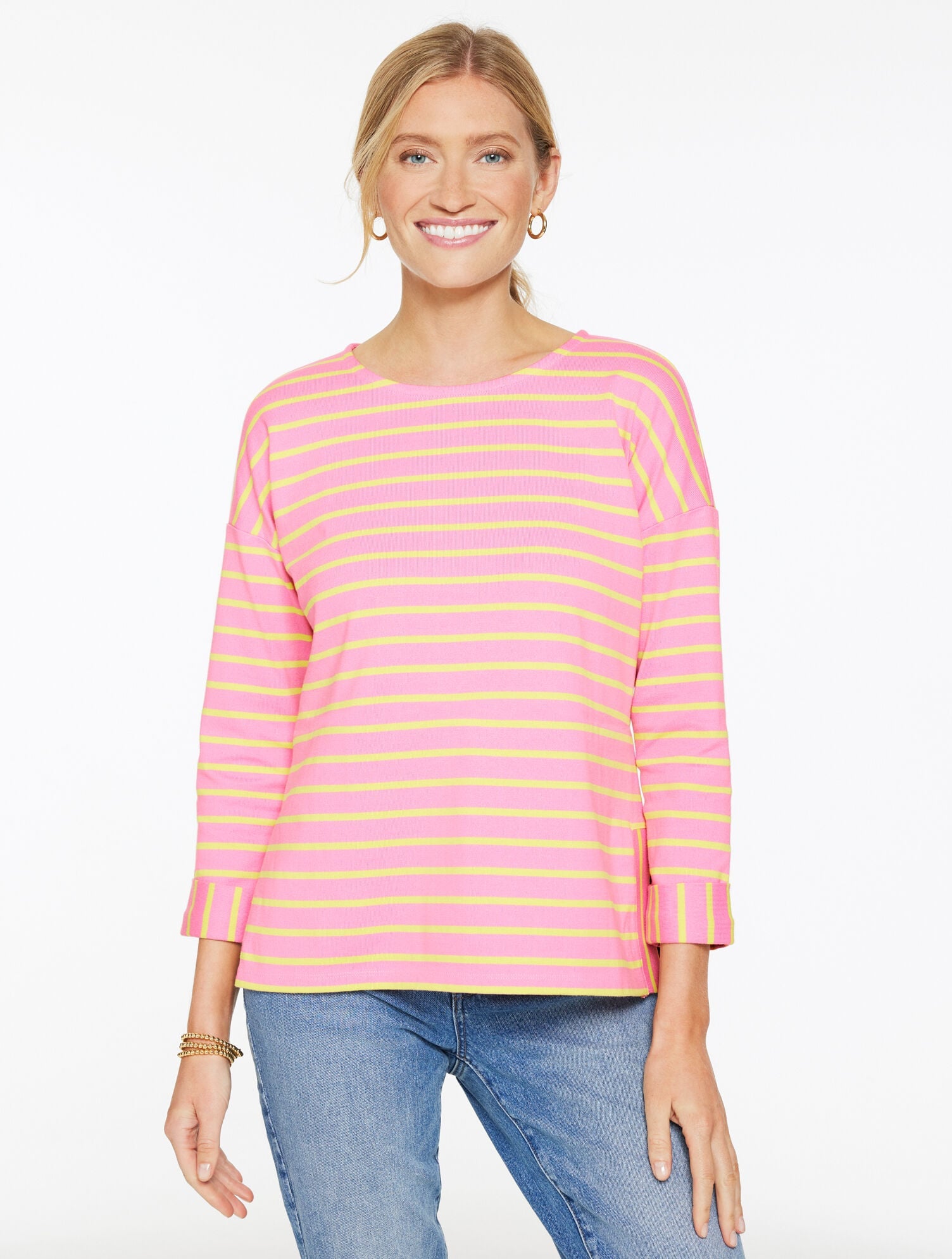 LILAC CHIFFON/LIMEADE DROP SHOULDER CREWNECK TEE - GREENFIELD STRIPE - LIMEADE | Talbots on sale