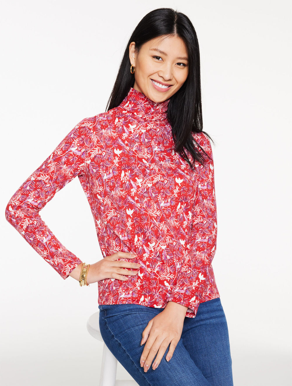 RED POP MULTI CLASSIC TURTLENECK - BIRDS ON BRANCHES | Talbots sale