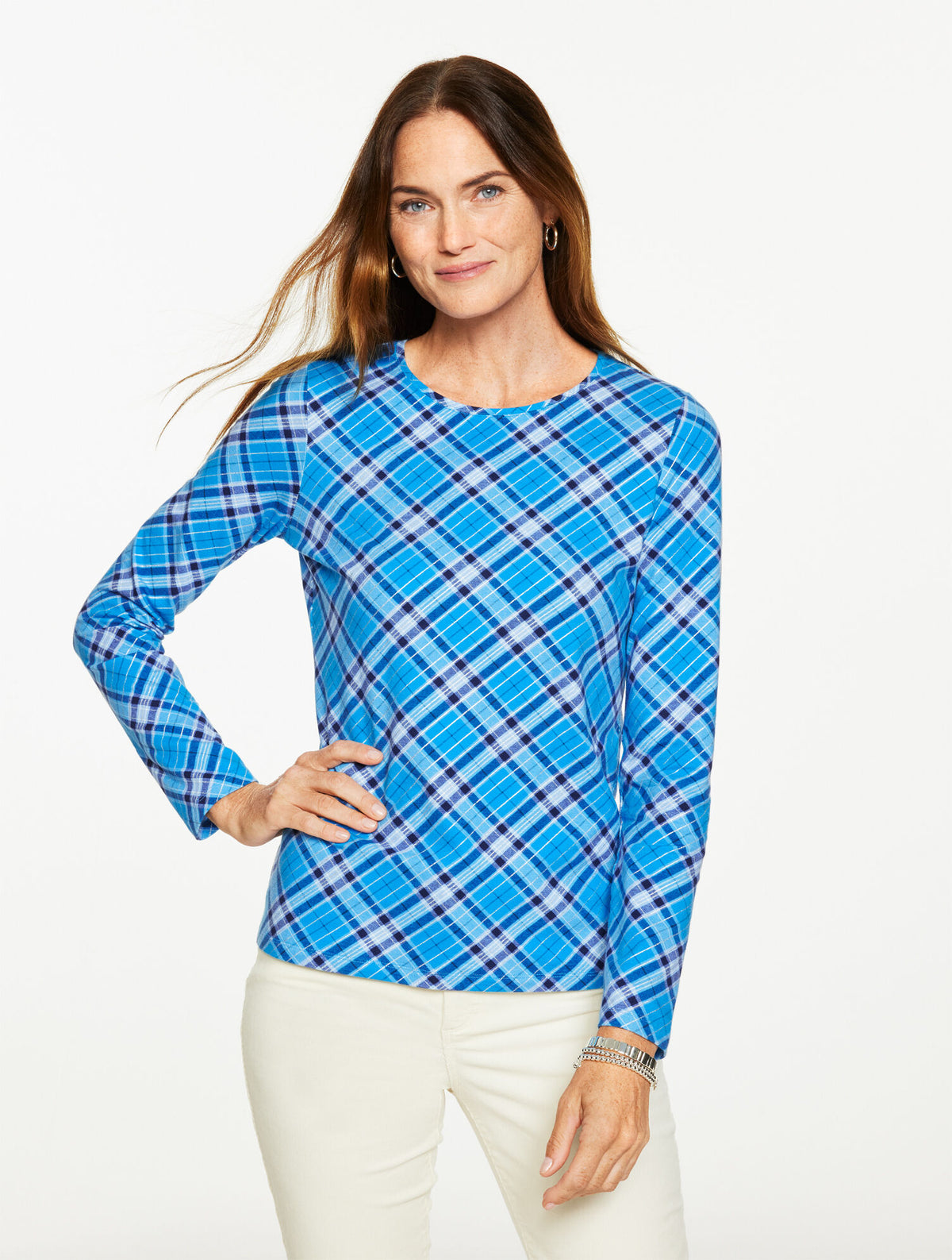 POND BLUE MULTI LONG SLEEVE CREWNECK TEE - TINSEL PLAID | Talbots on sale