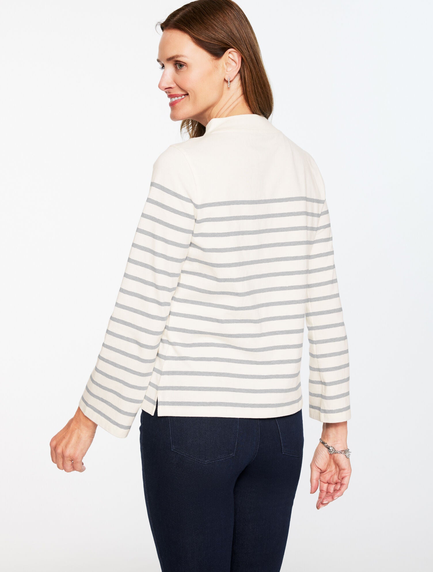 IVORY/GREY SKY HEATHER SEQUIN RIBBON STRIPE MOCKNECK TEE | Talbots outlet