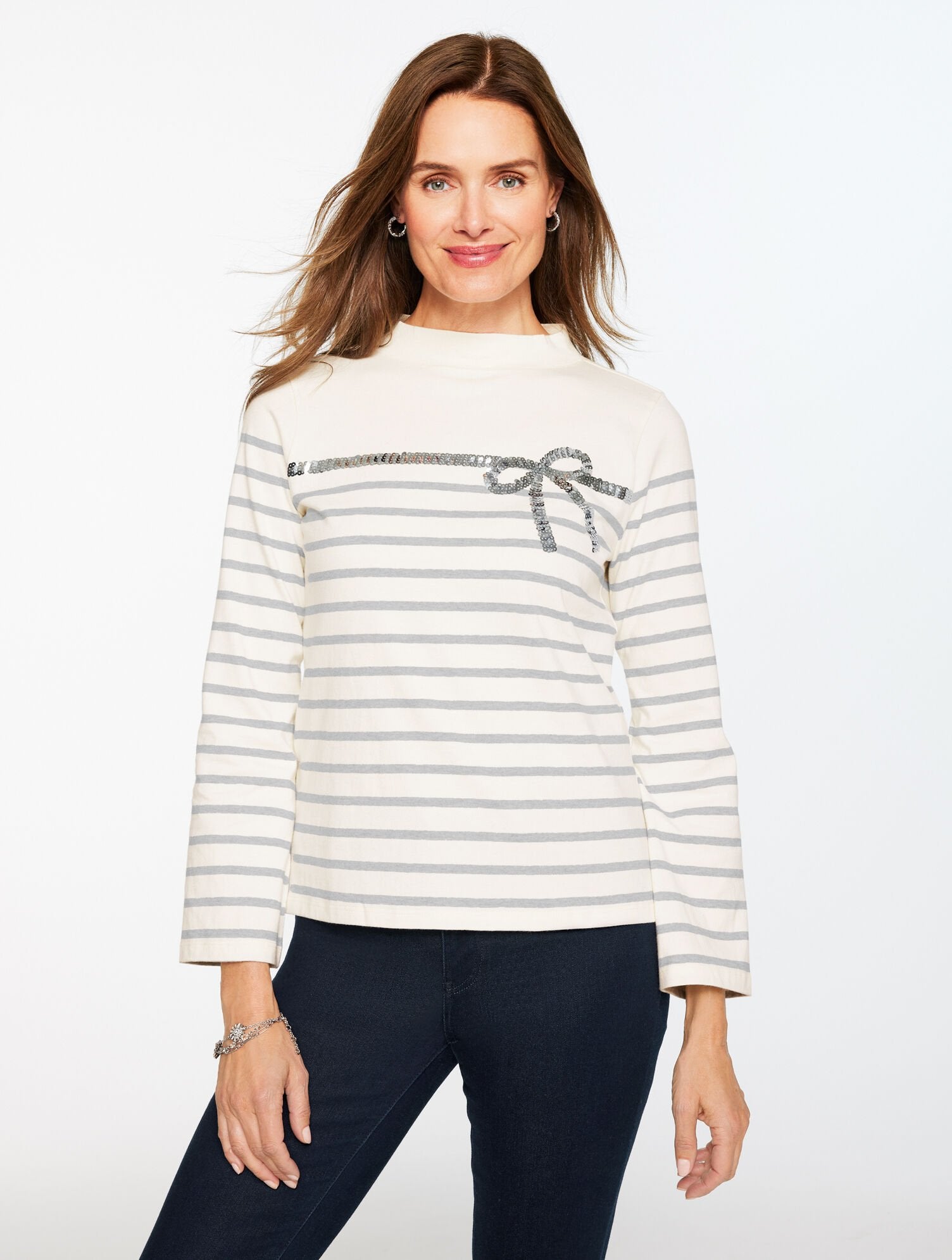 IVORY/GREY SKY HEATHER SEQUIN RIBBON STRIPE MOCKNECK TEE | Talbots outlet
