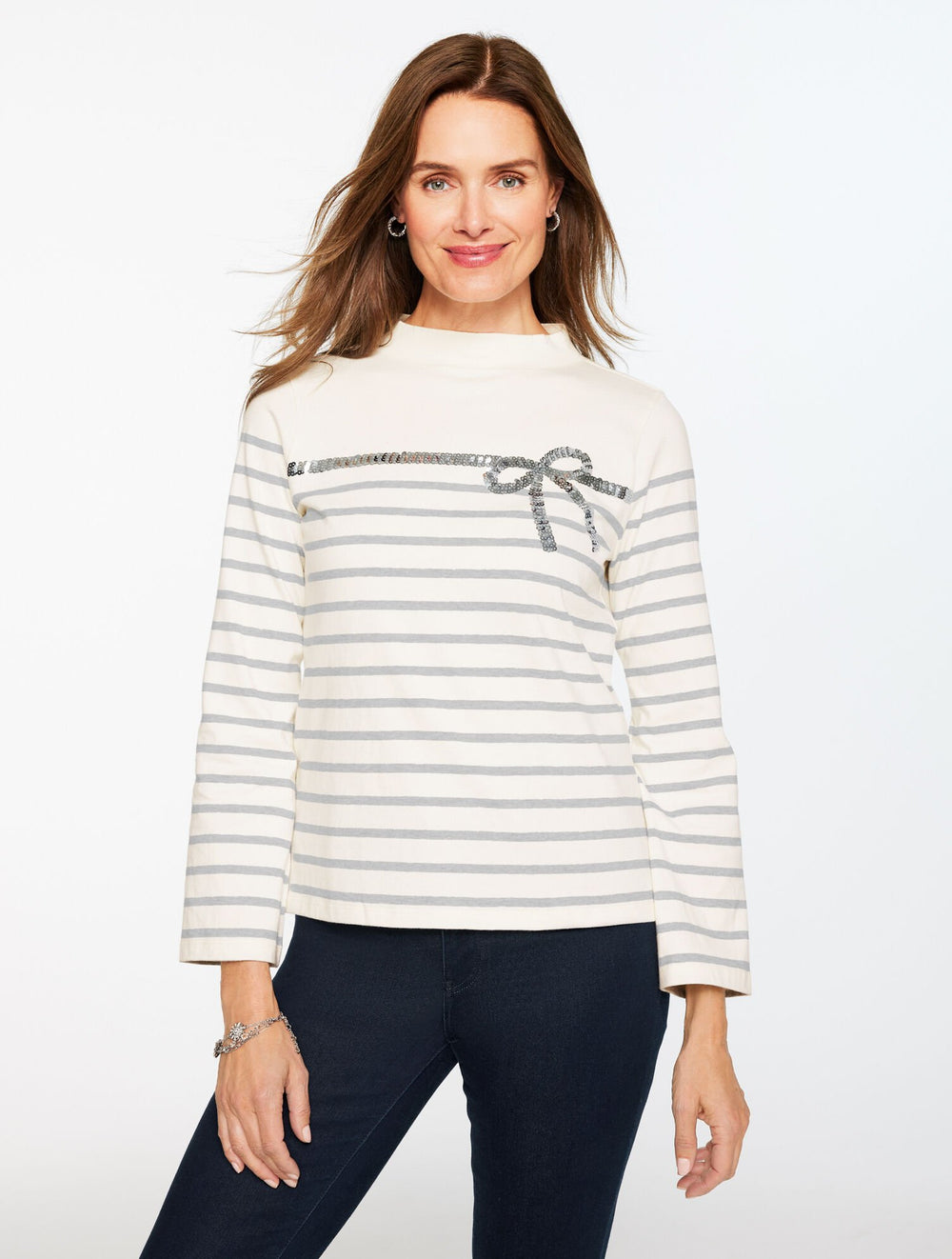 IVORY/GREY SKY HEATHER SEQUIN RIBBON STRIPE MOCKNECK TEE | Talbots outlet