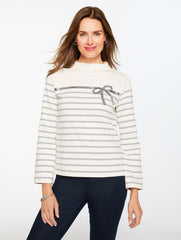 IVORY/GREY SKY HEATHER SEQUIN RIBBON STRIPE MOCKNECK TEE | Talbots outlet