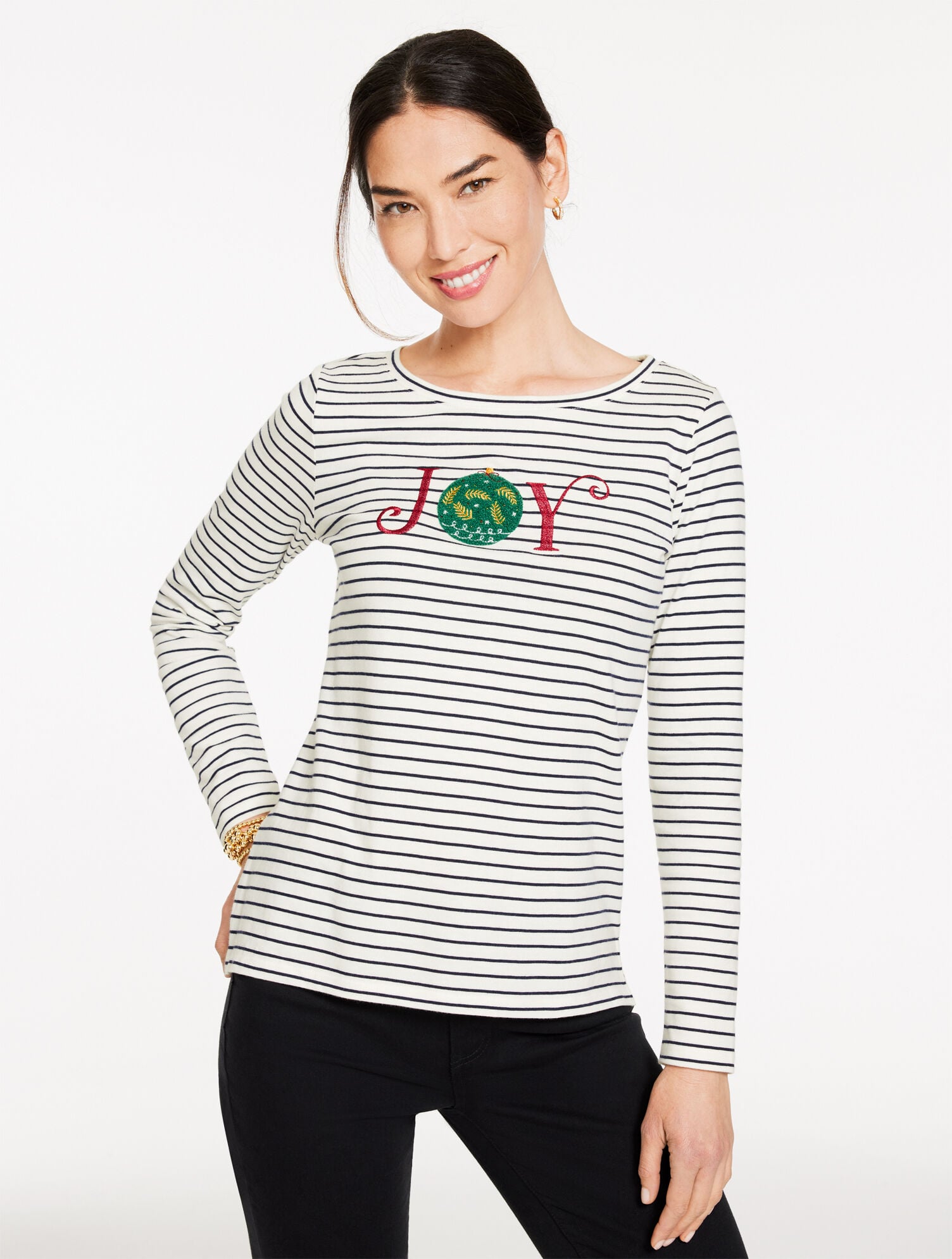 IVORY/INDIGO LONG SLEEVE CREWNECK TEE - JOY STRIPE | Talbots sale