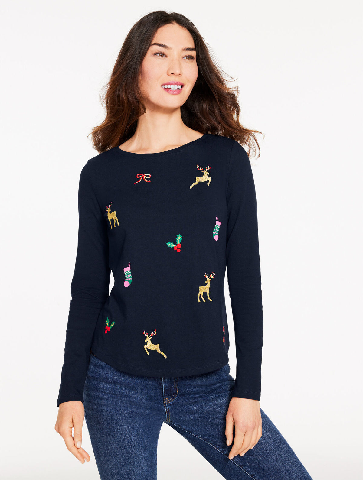 INDIGO BLUE LONG SLEEVE CREWNECK TEE - TOSSED DEER | Talbots online