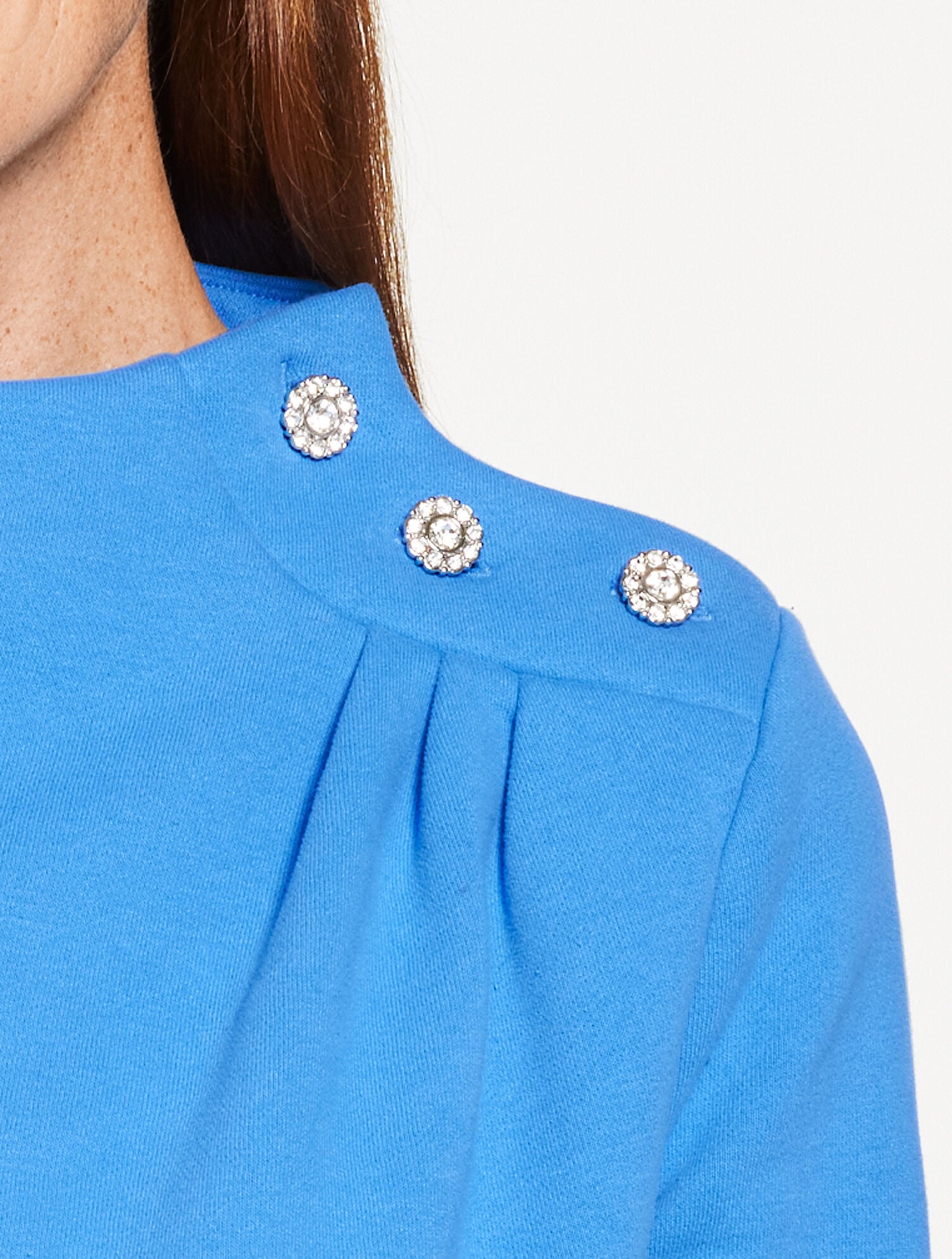 IVORY|LAKESHORE BLUE|PINK CHAMPAGNE JEWEL BUTTON SHOULDER SWEATSHIRT | Talbots sale