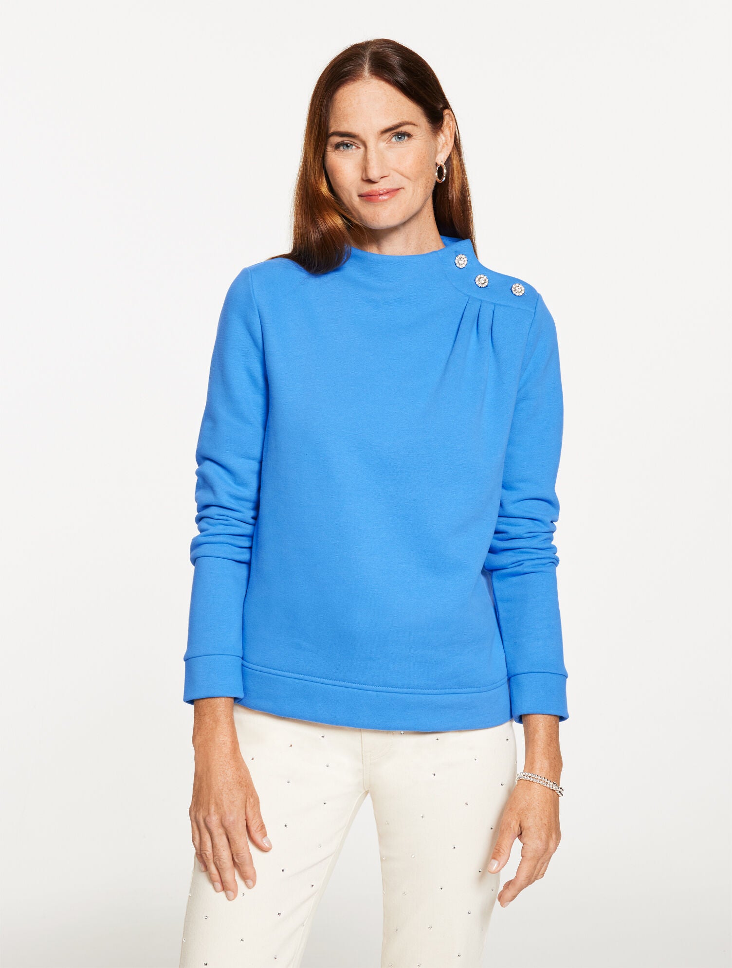 IVORY|LAKESHORE BLUE|PINK CHAMPAGNE JEWEL BUTTON SHOULDER SWEATSHIRT | Talbots sale