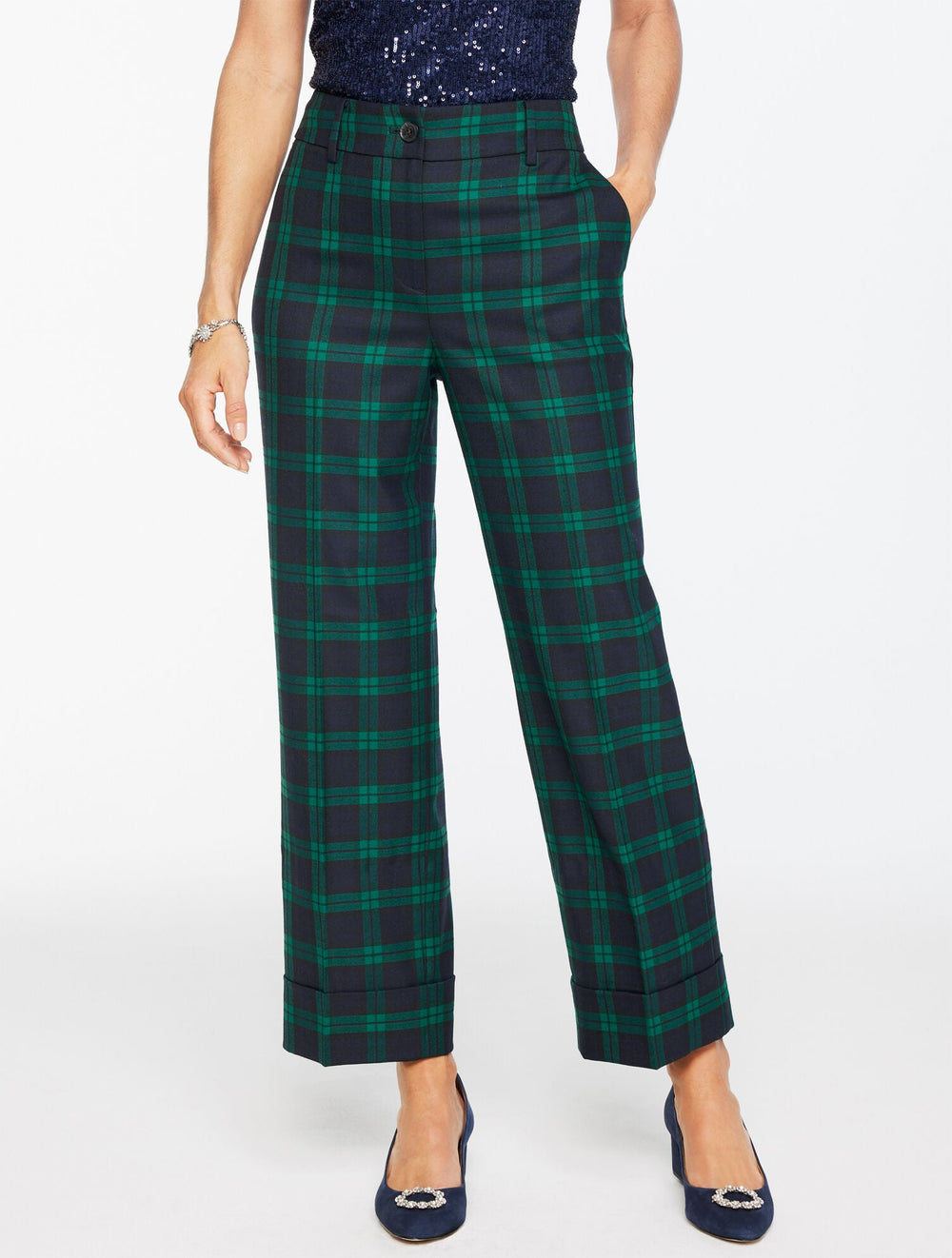 BLACK MULTI STRAIGHT ANKLE CUFF PANTS - BLACK WATCH PLAID | Talbots online