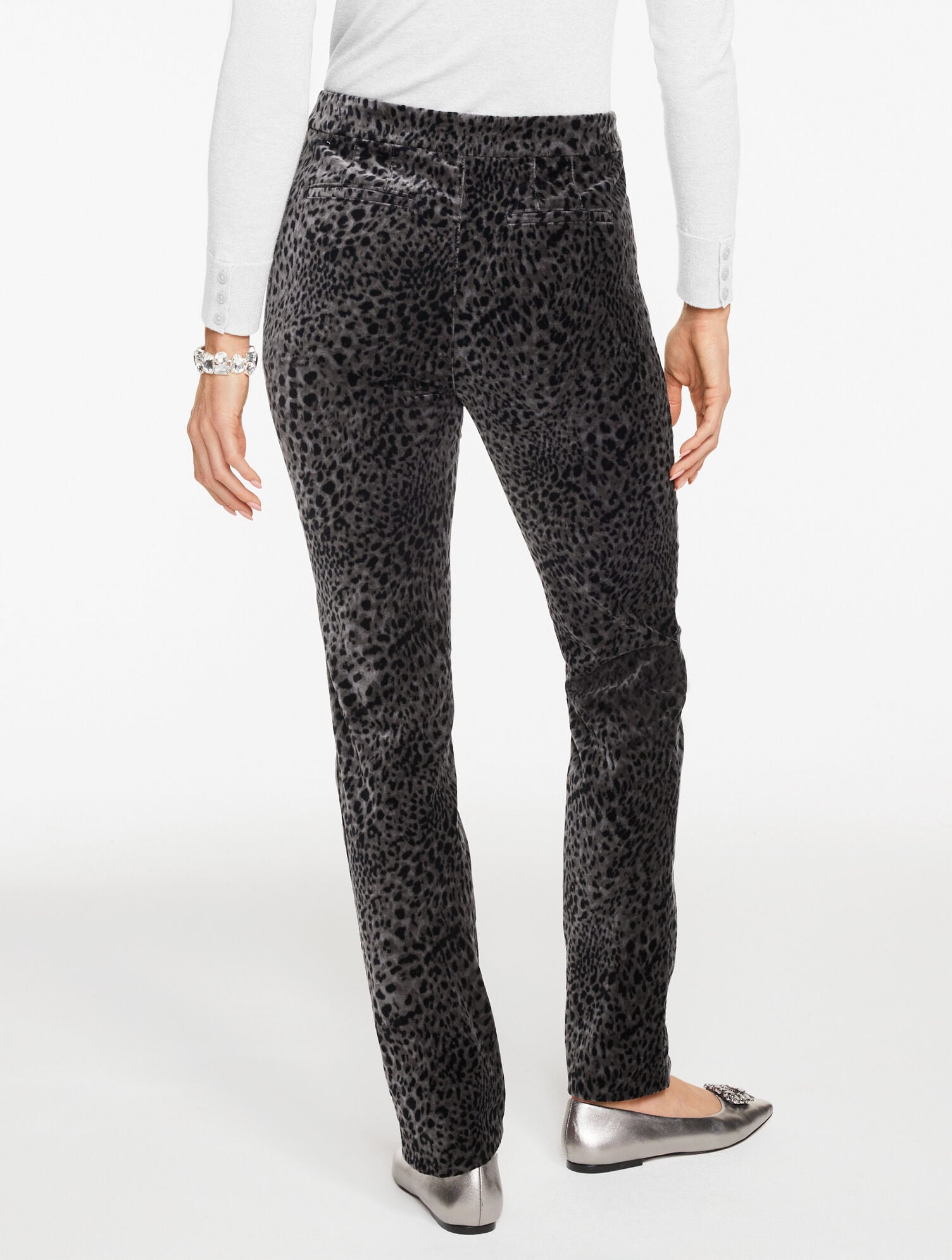 DARK GREY/BLACK STRAIGHT LEG VELVETEEN PANTS - SWIRLY LEOPARD | Talbots sale