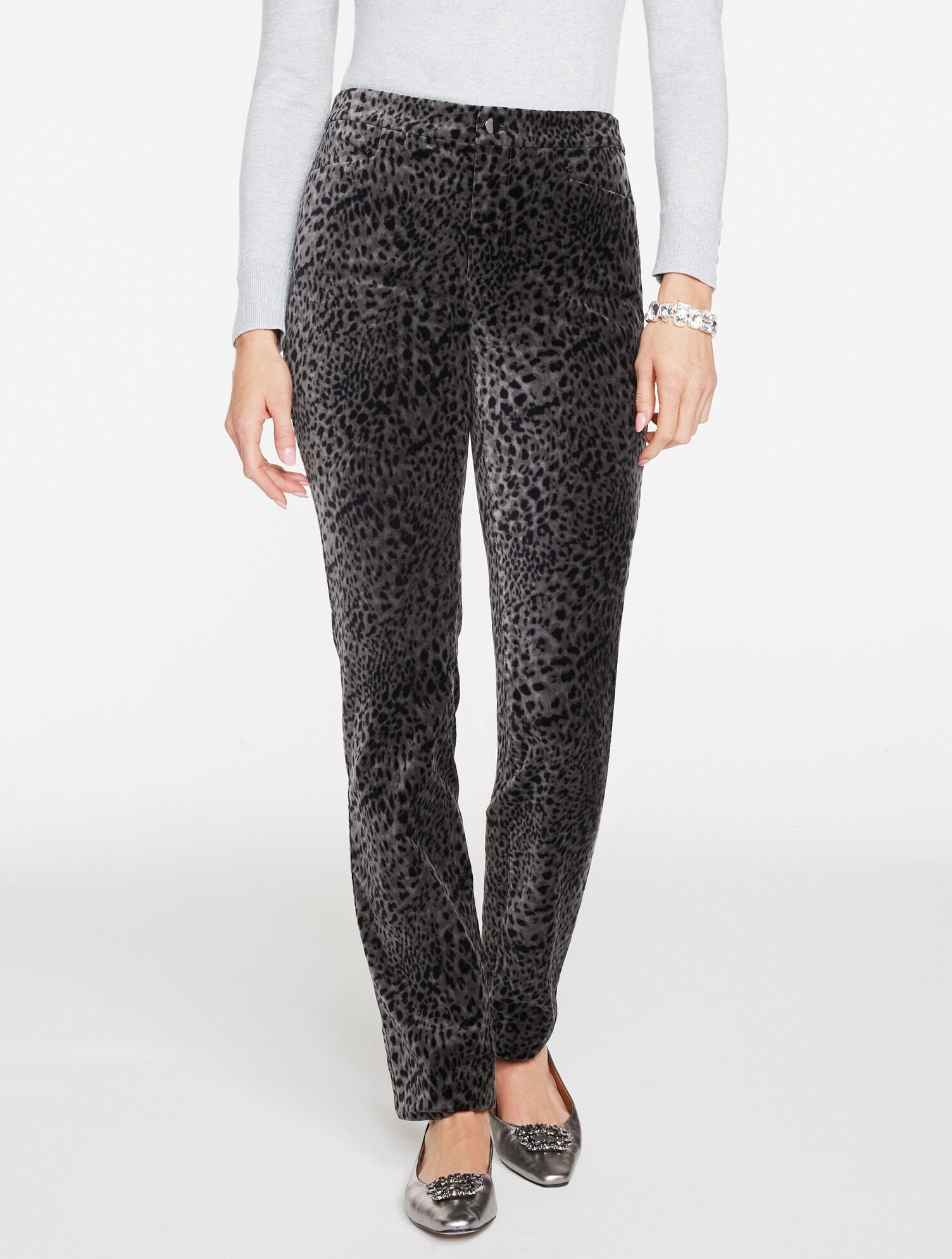 DARK GREY/BLACK STRAIGHT LEG VELVETEEN PANTS - SWIRLY LEOPARD | Talbots sale