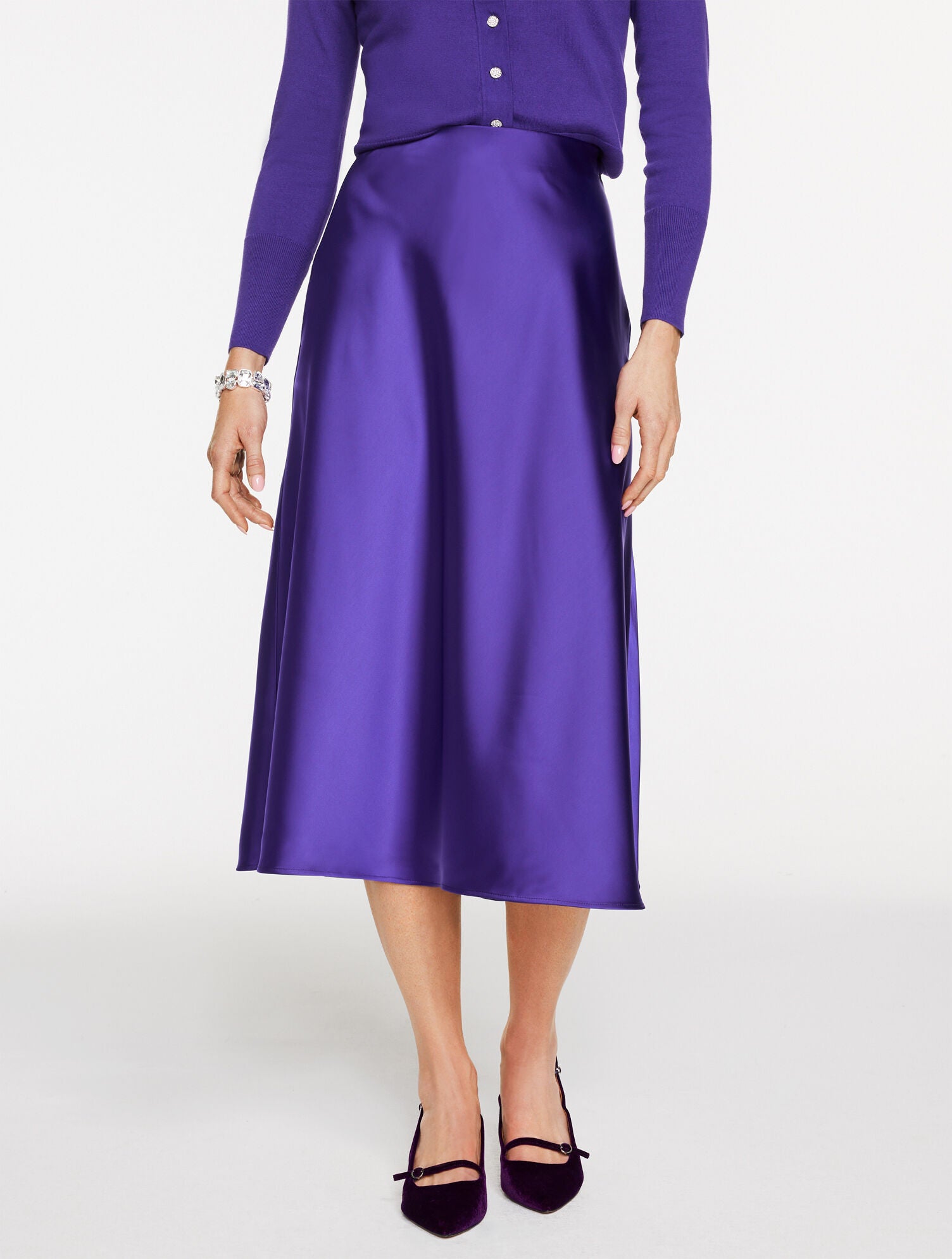 BRILLIANT PURPLE SATIN MIDI SKIRT | Talbots US