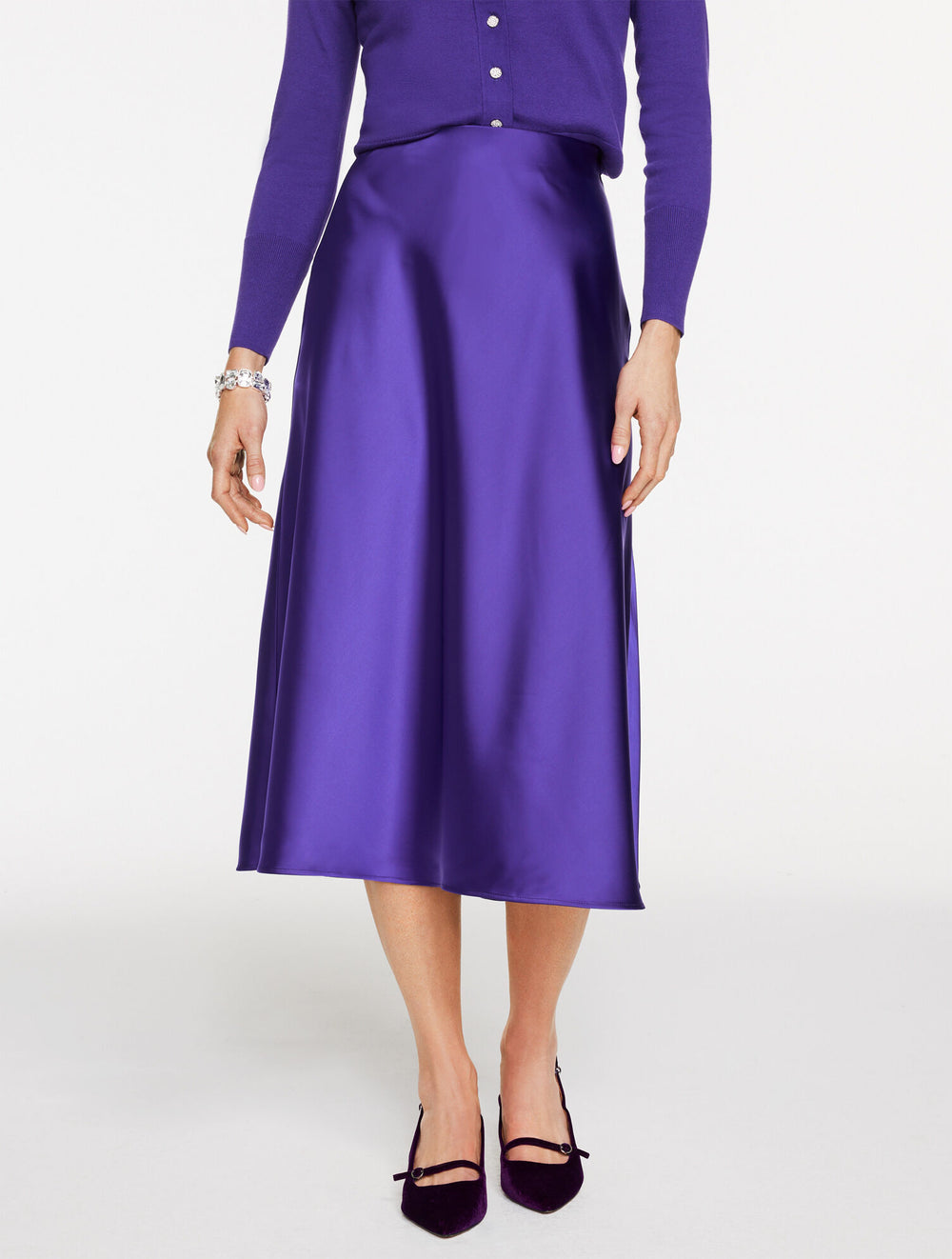 BRILLIANT PURPLE SATIN MIDI SKIRT | Talbots US