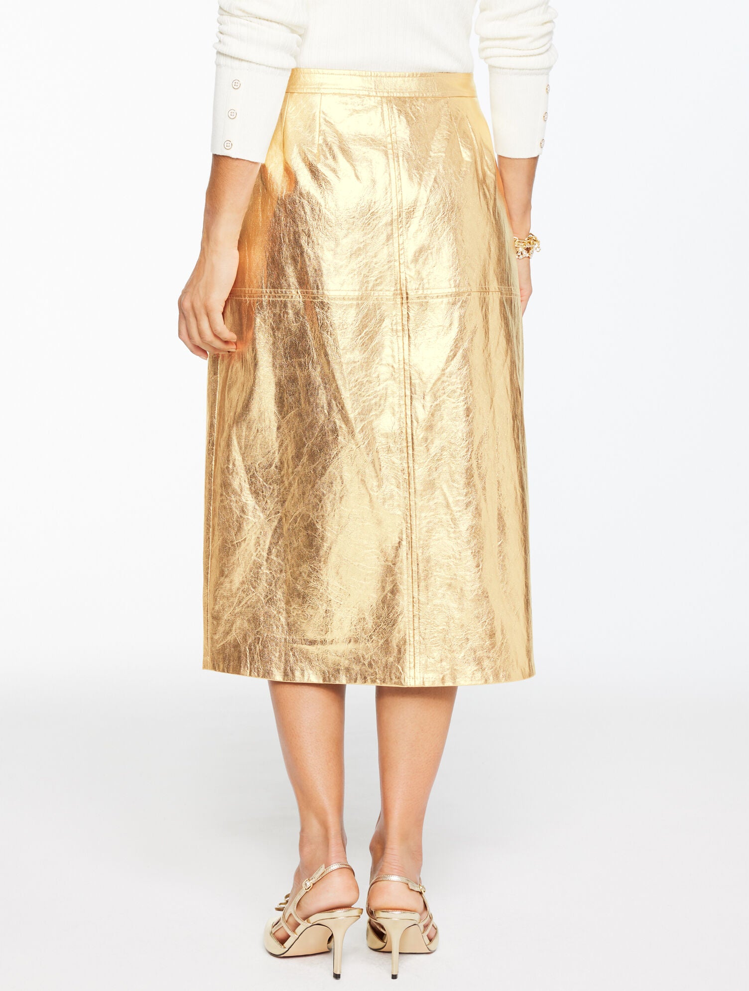 GOLD CRINKLE METALLIC FAUX LEATHER MIDI SKIRT | Talbots discount