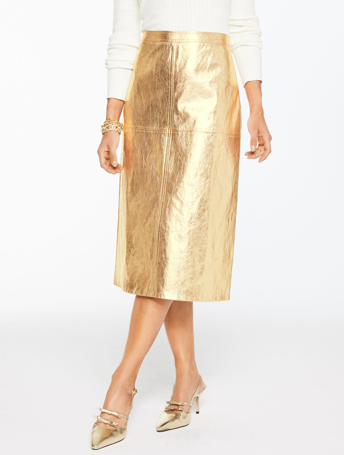 GOLD CRINKLE METALLIC FAUX LEATHER MIDI SKIRT | Talbots discount