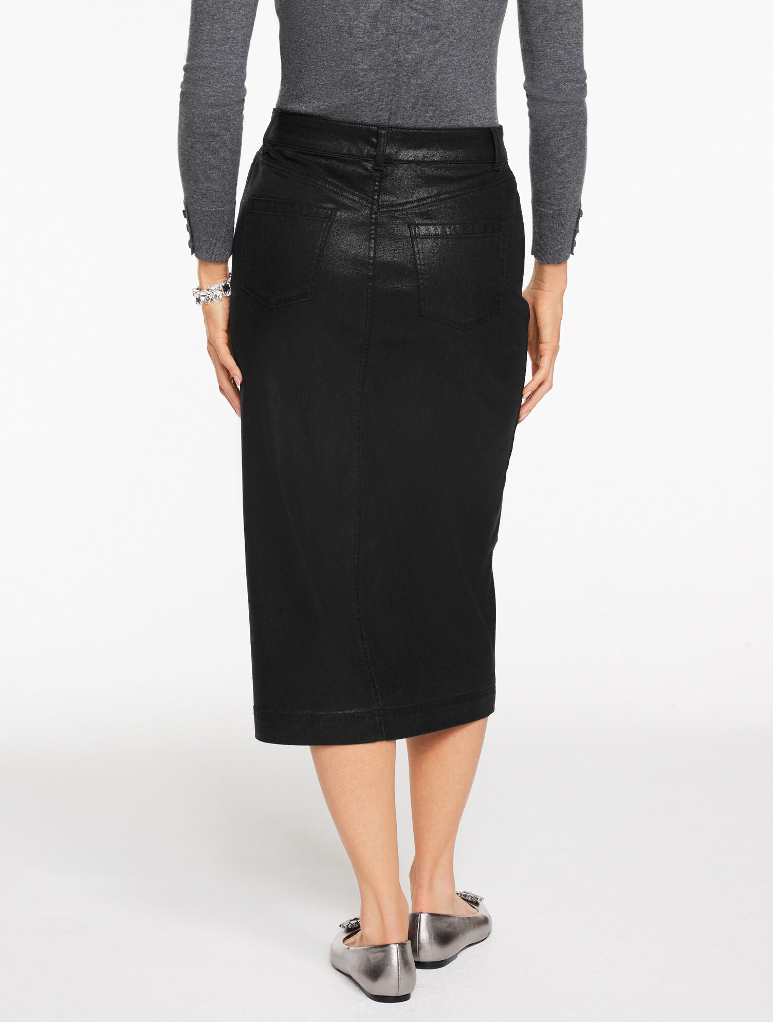 BLACK DENIM MIDI SKIRT - LIGHT FOIL | Talbots sale