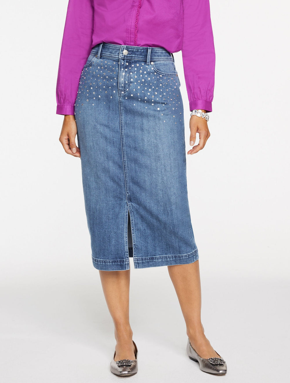 PRISCILLA WASH EMBELLISHED DENIM MIDI SKIRT | Talbots on sale