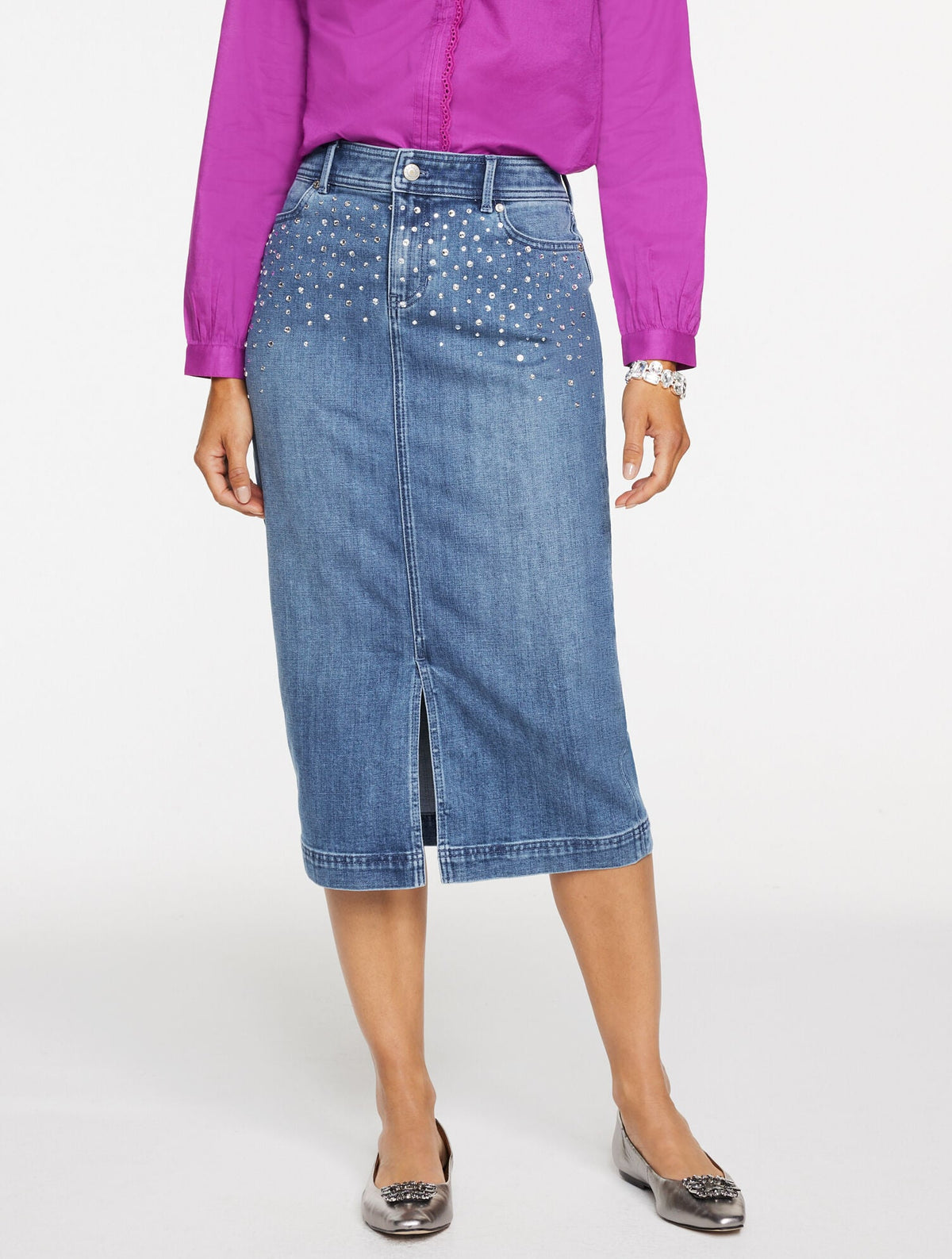 PRISCILLA WASH EMBELLISHED DENIM MIDI SKIRT | Talbots on sale
