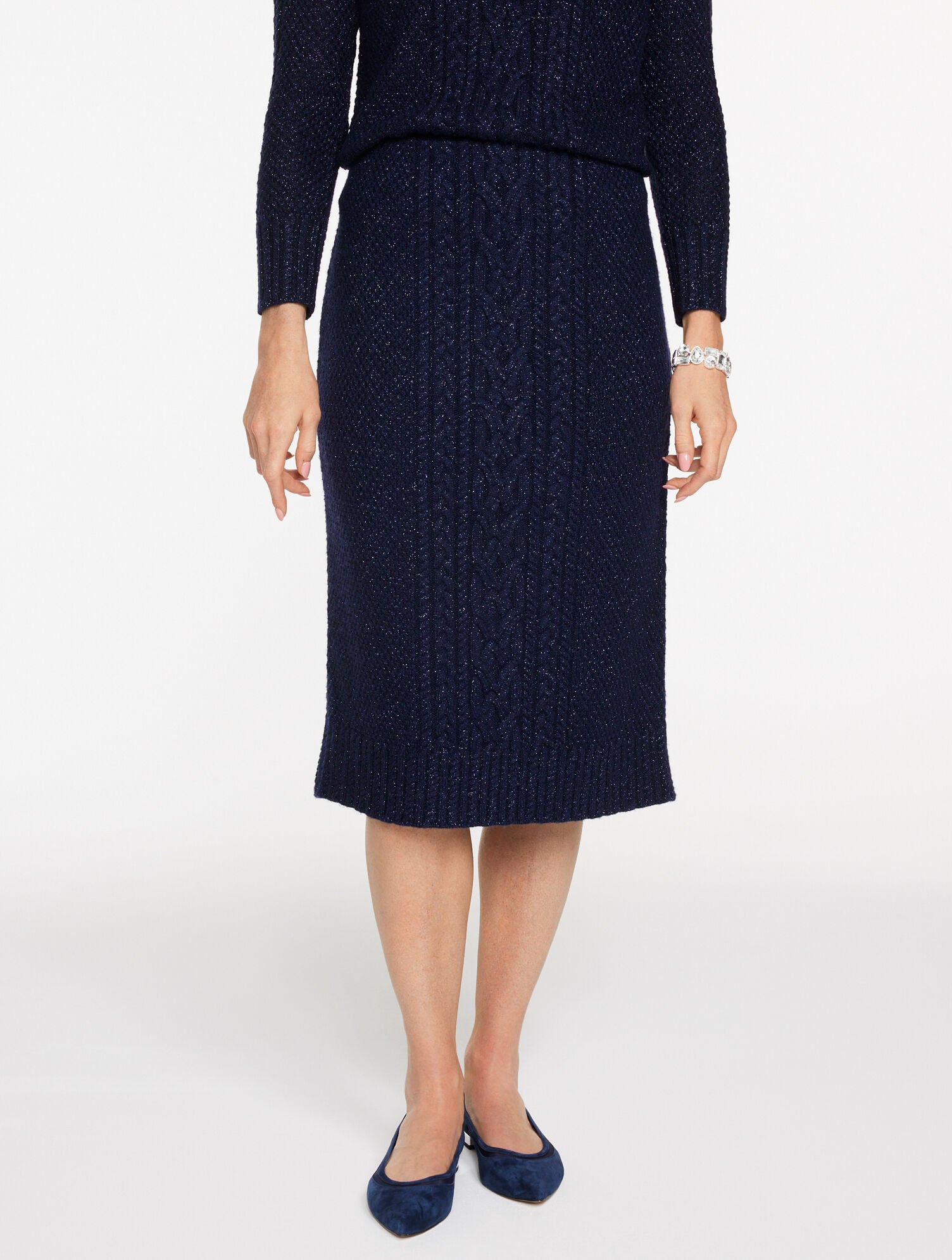 INDIGO BLUE METALLIC MIXED CABLE MIDI SKIRT | Talbots for sale