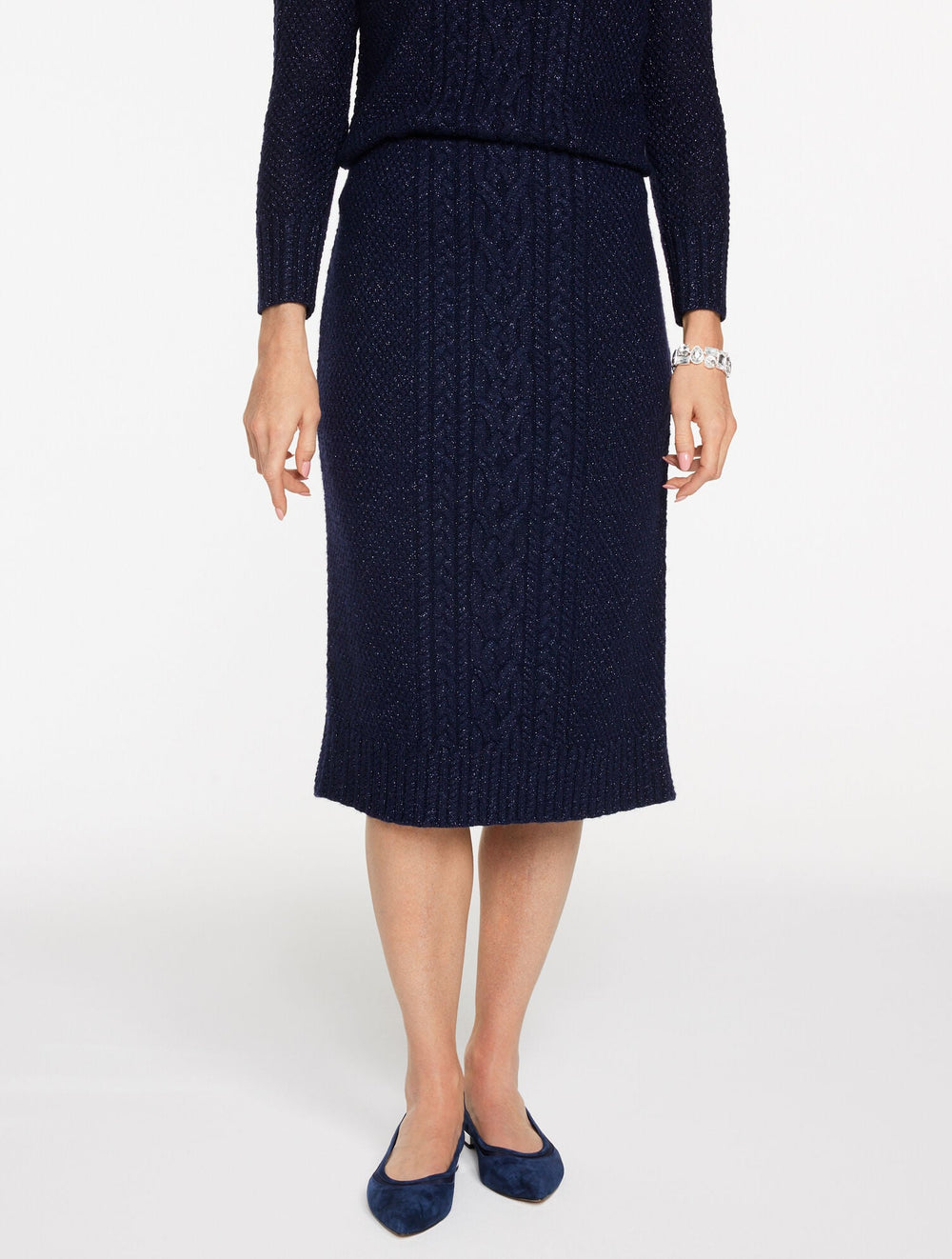 INDIGO BLUE METALLIC MIXED CABLE MIDI SKIRT | Talbots for sale