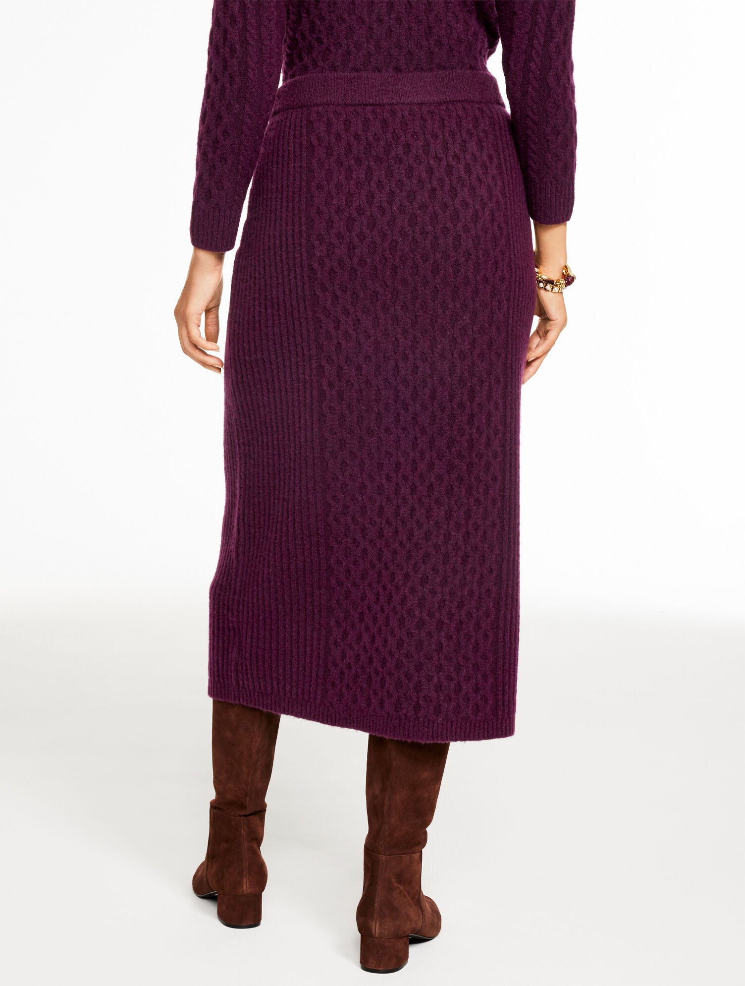 EGGPLANT|SHADOW HEATHER MIXED CABLE KNIT MIDI SKIRT | Talbots on sale