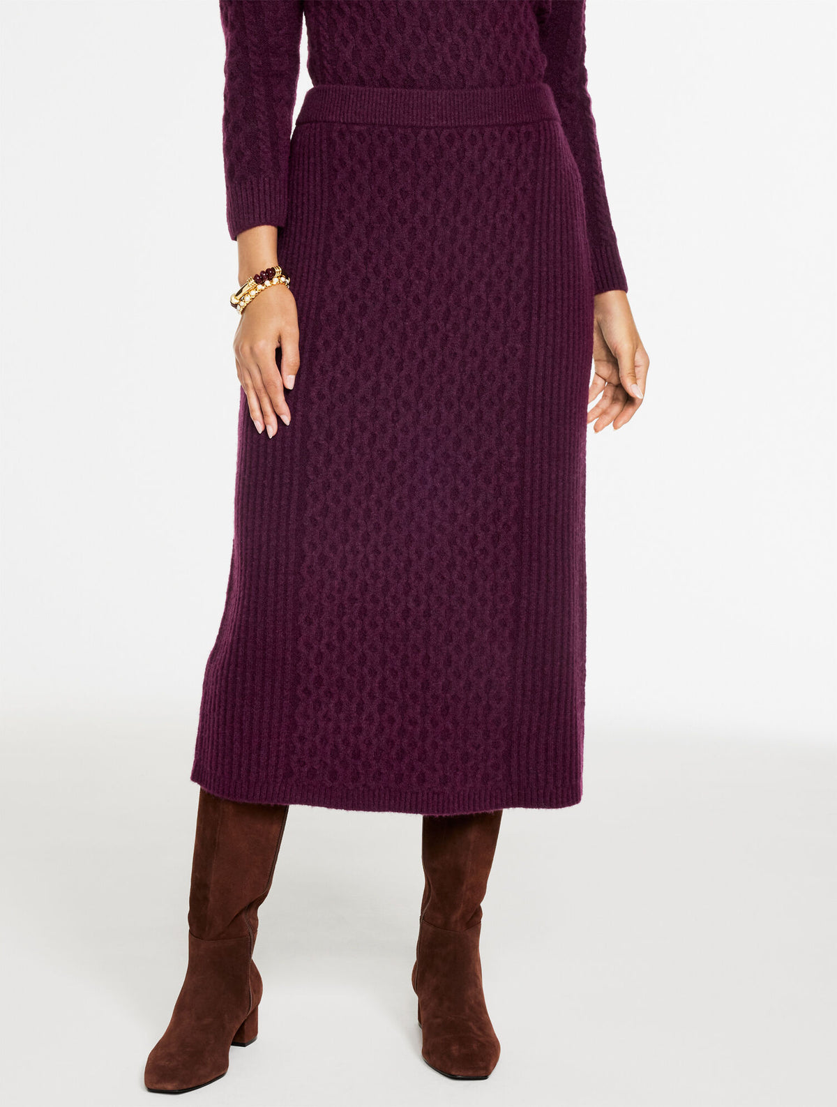 EGGPLANT|SHADOW HEATHER MIXED CABLE KNIT MIDI SKIRT | Talbots on sale