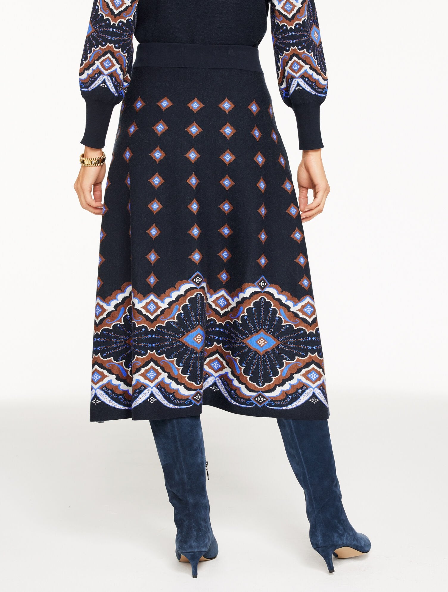 INDIGO MULTI JACQUARD FIT & FLARE SKIRT - SCALLOP MEDALLION | Talbots on sale