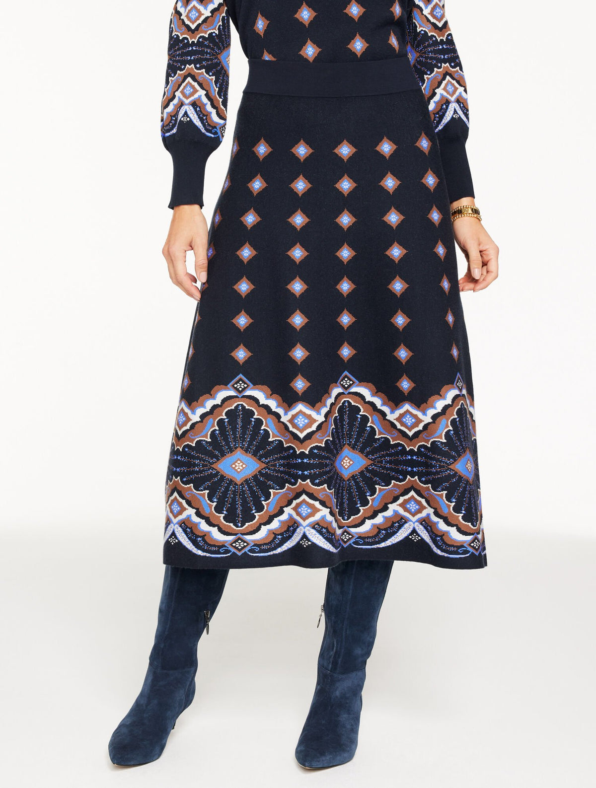 INDIGO MULTI JACQUARD FIT & FLARE SKIRT - SCALLOP MEDALLION | Talbots on sale
